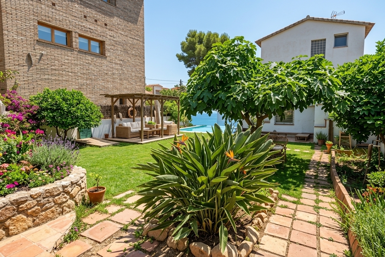 An incredibly lifelike, richly detailed, photorealistic wide-angle landscape photo of a coastal breeze garden oasis complete with a sparkling infinity pool and inviting outdoor living spaces set in a serene Mediterranean residential backyard. The scene is illuminated by brilliant midday summer sunlight, casting crisp shadows and creating a relaxed, refreshing atmosphere. Captured with a professional full-frame camera and a 24mm wide-angle lens, emphasizing the lush textures of soft natural grass, rich woven rattan furniture, crystal-clear turquoise pool water, and vibrant blooming tropical flora. 

At the far end of the garden, an elegant infinity pool stretches across the edge of the property, its perfectly still water reflecting the clear blue sky. In place of artificial turf, a vibrant, freshly manicured natural lawn fills the yard, bordered by stone-lined garden beds overflowing with colorful flowering plants, lavender, and towering bird-of-paradise blooms. Underneath the charming existing wooden pergola, a chic outdoor lounge area features natural woven rattan armchairs topped with soft, off-white cushions surrounding a rustic coffee table. The green mesh privacy screen in the foreground has been completely removed, opening up the space onto smooth terracotta tiled pathways that lead seamlessly toward the pool, while a gentle coastal breeze softly moves through the leafy fig trees and surrounding Mediterranean greenery.