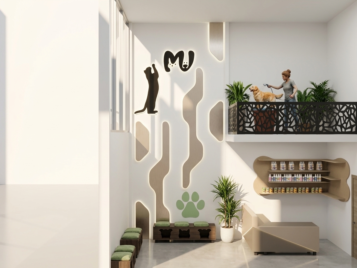 A realistic architectural photograph of a modern, brightly lit veterinary clinic interior with a double-height ceiling, capturing the exact spatial geometry, camera perspective, and composition. Bright morning daylight streams in through the tall vertical window panels on the left, creating soft natural shadows and long light reflections across the smooth, pale polished floor. The central accent wall features fluid, organic beige wall panels illuminated from behind with soft, warm LED halo lighting, mounted next to a backlit black cat silhouette, an illuminated "MU" pet logo, and a gentle sage-green paw print wall decal. On the lower right, a sleek reception counter constructed from beige and taupe matte laminates showcases subtle under-counter accent lighting, placed beneath an organic bone-shaped wall fixture with backlit recessed shelves holding realistic pet care products and bottles. To the left, modular dark brown benches are fitted with plush sage-green fabric cushions. On the elevated mezzanine level behind a matte black laser-cut geometric metal railing, a person in casual attire tends to a golden dog next to lush potted indoor greenery. Captured on a full-frame camera with a 24mm architectural lens, the image emphasizes rich micro-textures like fine fabric weaves, smooth drywall matte finish, crisp metal edges, and authentic light falloff without changing any element's position or structure.