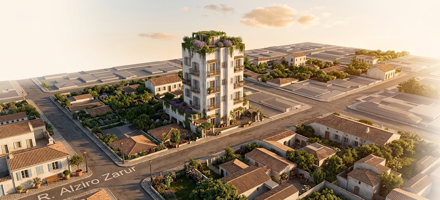 An incredibly lifelike, richly detailed, photorealistic aerial drone shot of a mid-rise residential building with French country architectural charm set in a sunlit urban neighborhood with lush outdoor gardens. The scene is illuminated by the golden, warm glow of late afternoon sunlight, creating a cozy, romantic, and inviting atmosphere. Captured with a high-resolution medium-format camera and a 35mm lens, emphasizing the tactile textures of weathered white stucco walls, distressed wooden shutters in muted powder blues, terracotta balconies, and intricate wrought-iron railings. Soft warm neutrals, muted dusty blues, and gentle yellows harmonize across the facade, blending the modern structure with a provincial aesthetic. Surrounding the ground floor and terraced balconies are lush French-inspired gardens overflowing with potted lavender, climbing vines, and leafy greenery, while cozy vintage wooden benches and lovingly arranged outdoor furniture give the entire cityscape the romantic elegance of a high-end architectural photography book.