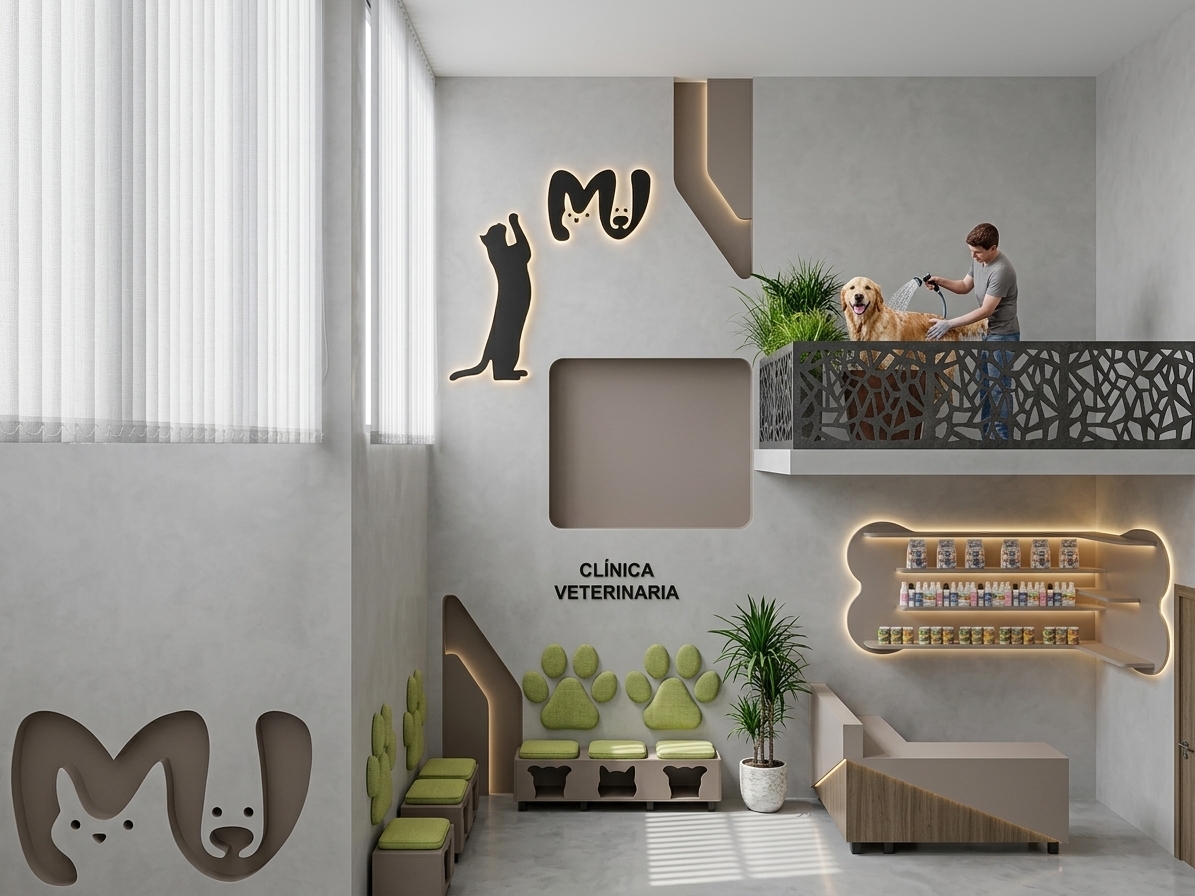 A professional architectural photograph of a modern, double-height veterinary clinic reception and waiting area, capturing the exact composition, geometry, and layout from the input image. The front smooth white plaster wall features matte taupe decorative panel cutouts and a backlit cat silhouette and "MU" logo with a soft, warm LED halo lighting casting a diffuse glow. "CLÍNICA VETERINARIA" is printed in clean, crisp black typography on the wall. Below, custom wooden bench seating is topped with vibrant lime-green fabric cushions, complemented by soft, upholstered green paw-print backrest pads mounted to the wall with realistic fabric texture and fine edge stitching. To the right, a bone-shaped beige accent wall panel houses floating shelves illuminated by concealed under-shelf LED strip lights, showcasing neatly organized, photorealistic pet care bottles and canned products with glossy surfaces and realistic labels. The angular reception counter combines smooth beige and taupe laminate finishes with integrated ambient accent lighting along its lower trim. Overhead on the mezzanine, a black laser-cut geometric metal railing stands beside healthy potted green houseplants, where a person washes a friendly golden retriever. The scene is illuminated by bright daylight filtering through tall vertical blinds on the left, casting sharp geometric shadow stripes across the pristine, light-grey microcement floor, balanced by warm interior accent lighting, captured on a 24mm tilt-shift lens with perfect vertical lines, subtle material micro-textures, and fine, natural photographic depth.