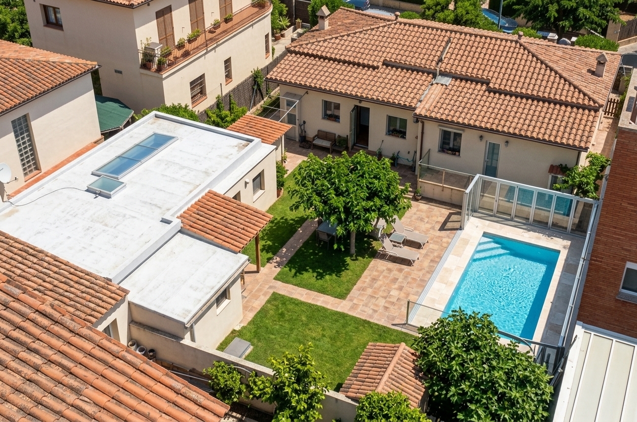 An incredibly lifelike, richly detailed, photorealistic high-angle aerial photograph of a modernized backyard oasis set in a sun-drenched suburban neighborhood. The scene is illuminated by bright, direct midday summer sunlight, creating a warm, cozy, and refreshing coastal breeze atmosphere. Captured with a high-resolution drone camera using a wide-angle lens, emphasizing the contrast between weathered terracotta roof tiles, vibrant natural grass, bone-colored stone, and polished glass. The main white house features a large, modern sliding glass door with simple steps descending to the yard, which is neatly paved with rustic, earth-colored ceramic tiles in the non-grassy patio areas. A lush, manicured natural green lawn covers the central garden space. Replacing the old corner structure is a sparkling outdoor swimming pool bordered by elegant bone-colored stone coping and protected by a seamless, foldable glass door enclosure system, creating a luxurious and welcoming urban paradise.