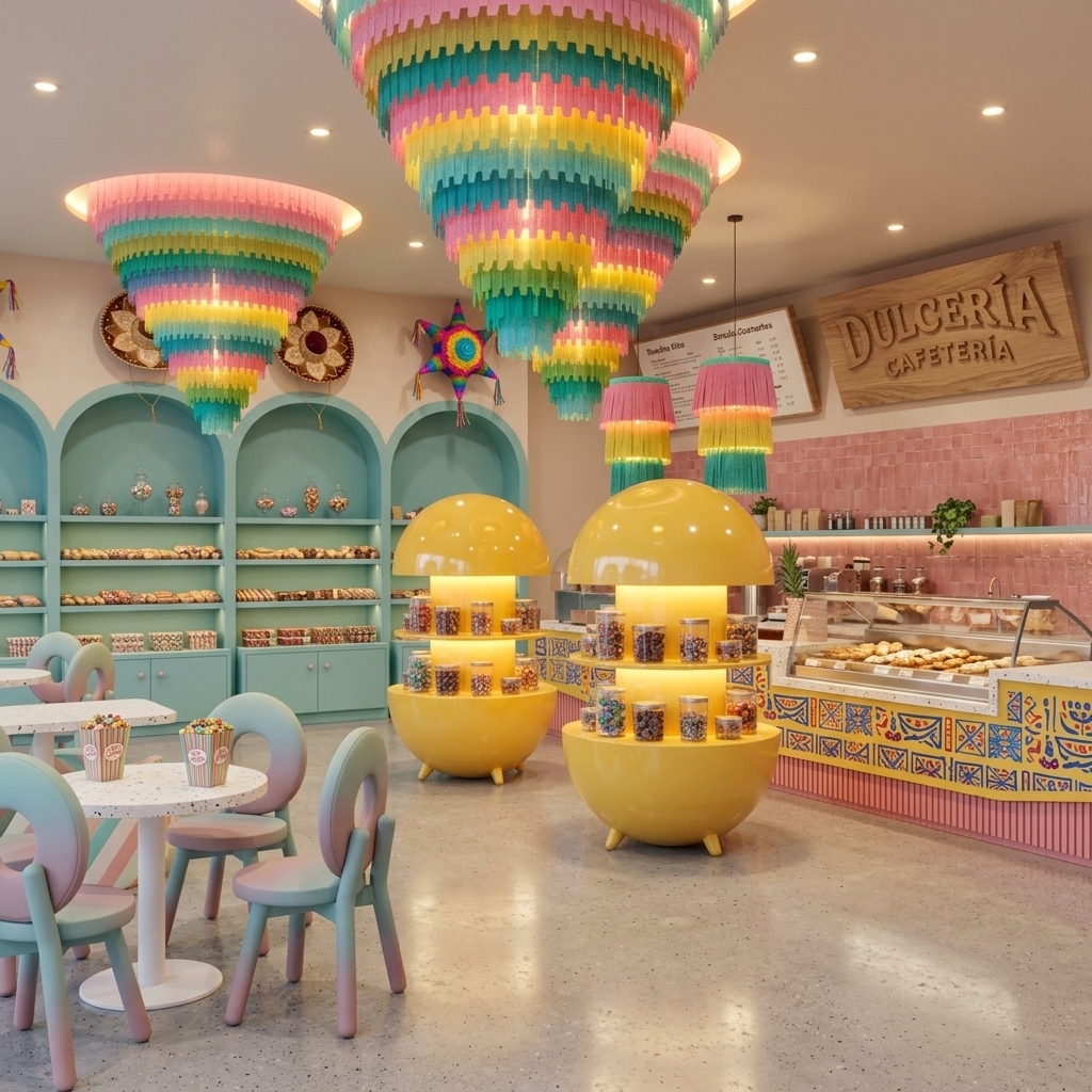 An incredibly lifelike, richly detailed, photorealistic wide-angle interior shot of a playful, festive sweet shop and cafe set in a vibrant commercial space. The scene is illuminated by warm recessed ceiling spotlights and soft internal display illumination, creating a cheerful, whimsical atmosphere. Captured with a 24mm tilt-shift architectural lens, emphasizing tactile textures of layered fringed piñata chandeliers, smooth glossy yellow display pods, and polished terrazzo table surfaces.

The design centers around grand ceiling installations featuring multi-tiered, inverted piñata chandeliers cascading in vibrant bands of pink, yellow, teal, and green crepe paper fringe. Below, two glossy, capsule-shaped yellow display kiosks glow with warm interior backlighting to showcase transparent jars filled with colorful treats. Along the far wall, elegant arched alcoves in soft teal house orderly shelves of confectioneries, framed by traditional decorative sombreros and a star-shaped piñata. In the foreground, bespoke dining chairs with circular backrests present a subtle pastel gradient transition from soft teal to dusty pink, gathered around round white terrazzo tables. To the right, the main service area is defined by a natural wood sign reading "DULCERÍA CAFETERÍA" set against a textured pink tile backsplash, while the counter below is decorated with intricate Mexican folk art motifs over a ribbed pink base, all grounded by a smooth, polished light-gray concrete floor.