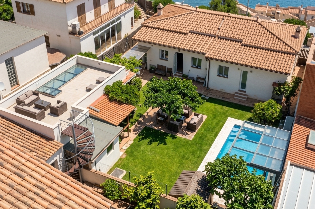 An incredibly lifelike, richly detailed, photorealistic high-angle drone shot of a transformed Mediterranean residential backyard set in a coastal neighborhood. The scene is illuminated by brilliant midday summer sunlight, creating a bright, refreshing atmosphere cooled by a subtle coastal breeze. Captured with an aerial wide-angle lens, emphasizing the contrasting textures of rustic matte ceramic tiles, vibrant natural grass blades, smooth white pool coping stone, and woven rattan furniture.

In this seamlessly unified outdoor living area, the main white house features broad steps finished in matte, earth-toned rustic ceramic tiles leading out through a new, expansive sliding glass door. The former dividing fence is completely removed, expanding the view across a lush, vibrant natural green lawn. To the right, where a small gazebo once stood, a stunning swimming pool equipped with foldable glass panel enclosure is framed by a clean border of natural white stone. At the lower-left corner, a sleek metal spiral staircase ascends to the flat roof of the annex, which has been converted into an inviting rooftop chill-out zone fitted with stylish rattan sofas.