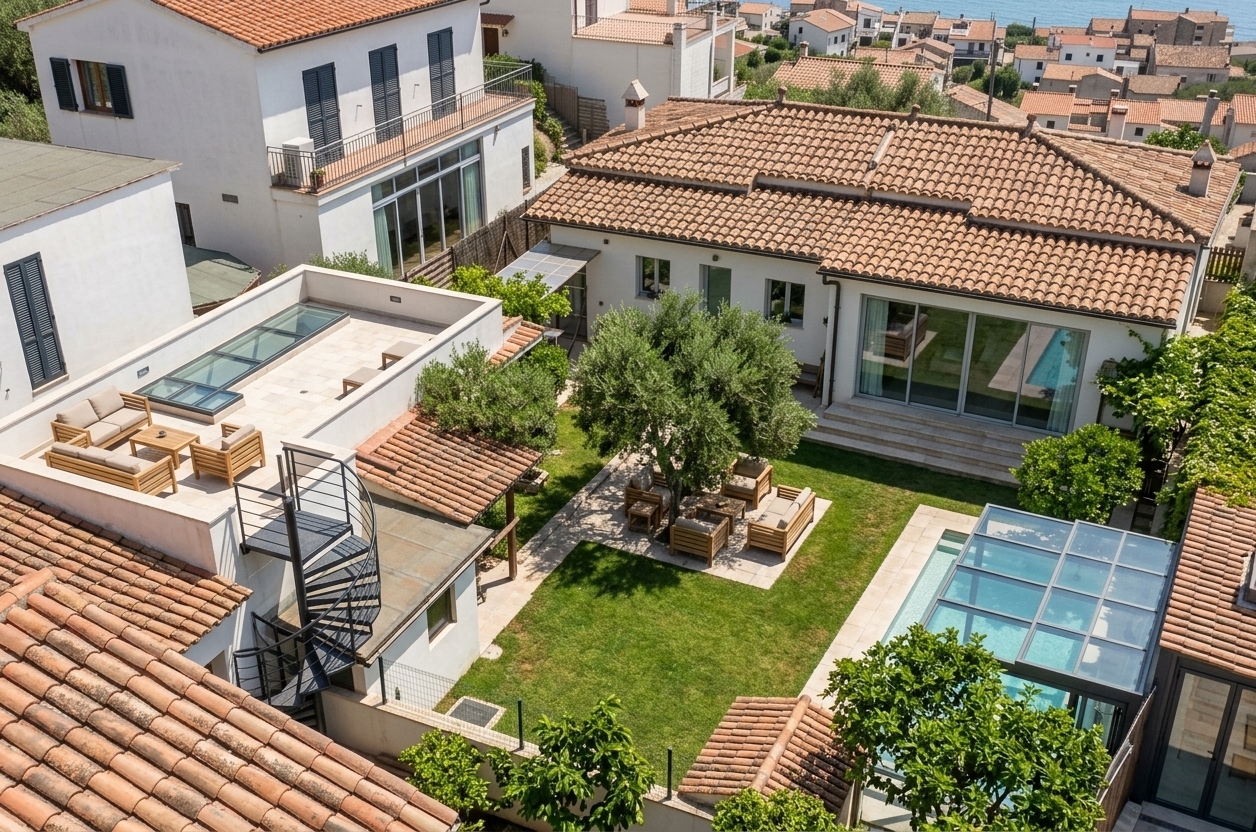 An incredibly lifelike, richly detailed, photorealistic high-angle drone shot of a modern coastal villa's private backyard patio and pool set in a sunny Mediterranean seaside neighborhood. The scene is illuminated by bright midday summer sunlight with a gentle coastal breeze, creating a vibrant, inviting atmosphere. Captured with a high-resolution wide-angle drone camera, emphasizing the earthy textures of terracotta roof tiles, lush manicured grass, glistening pool water, and sleek glass reflections. On the facade of the white house facing the garden, the former small door and adjacent window have been transformed into a large, grand sliding glass door, complemented by broad stone steps that match its exact full width, leading directly out to the manicured lawn. Surrounding the entire refreshing pool area is a seamless, modern glass enclosure with foldable accordion doors that allow the space to open up completely. At the far edge of the plot, where a small storage hut once stood, a beautiful, flourishing green plant now thrives, harmonizing perfectly with the tranquil outdoor garden layout.