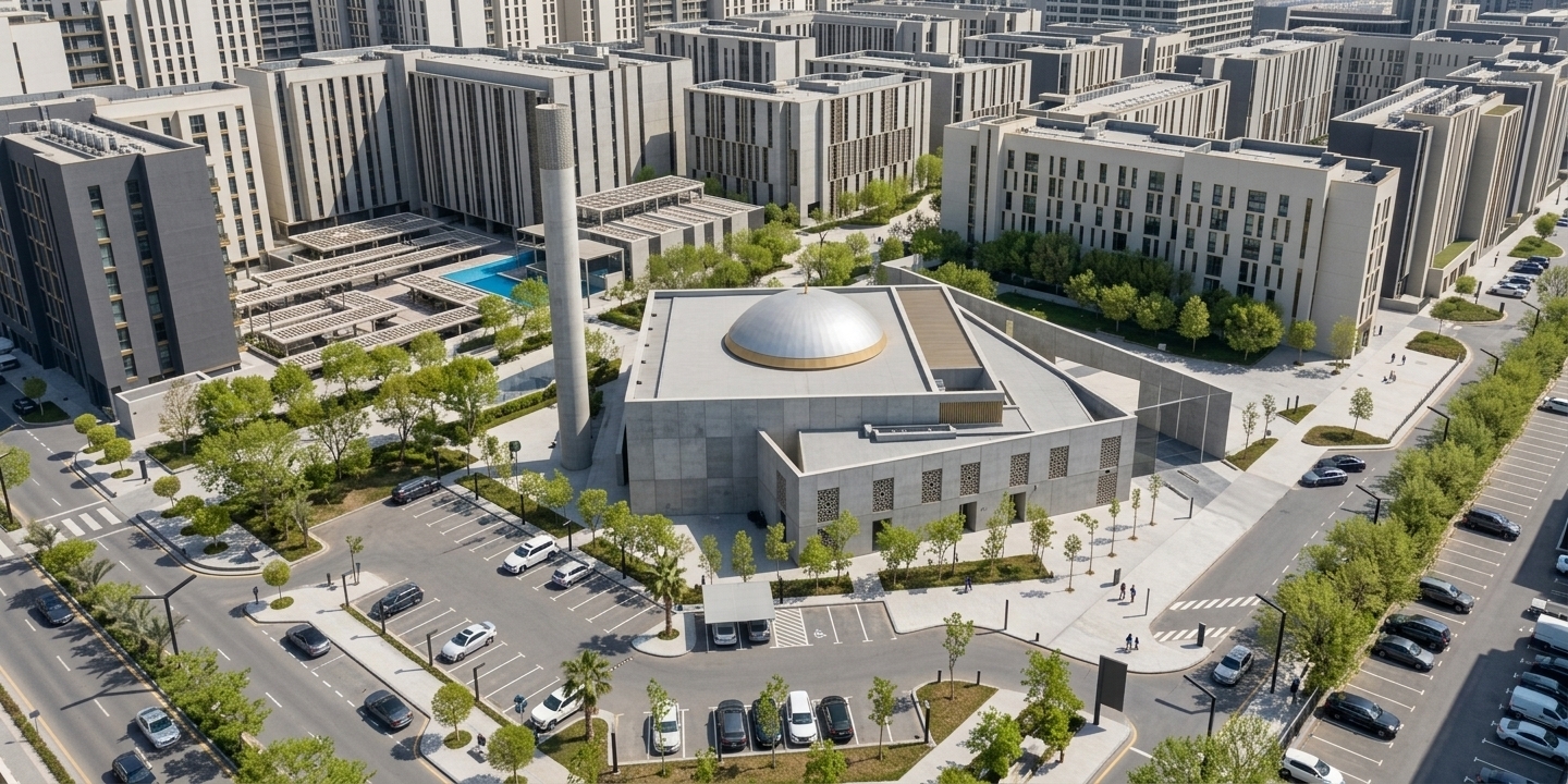 An incredibly lifelike, richly detailed, photorealistic aerial high-angle view of a modern geometric mosque complex set in a sprawling, master-planned urban environment. The scene is illuminated by bright, clear midday spring sunlight, creating a crisp, sophisticated, and orderly atmosphere. Captured with a wide-angle drone lens with architectural precision, emphasizing smooth grey concrete facades, intricate geometric latticework, polished stone plazas, and lush green urban landscaping. The central structure stands out with its bold, streamlined dome and tall minaret, featured amidst a sea of contemporary multi-story residential blocks styled in graphic shades of charcoal, off-white, and subtle gilded accents. Clean parking lots, manicured tree lines, and paved roadways frame the luxurious, symmetrical layout, seamlessly blending modern city infrastructure with refined, contemporary design.