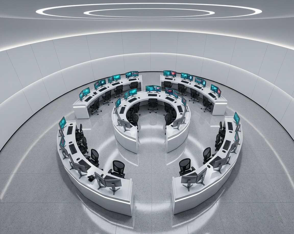 An incredibly lifelike, richly detailed, photorealistic wide-angle interior shot of a high-tech command and situation operating center set in a futuristic corporate facility. The scene is illuminated by cool recessed ceiling LED channels and ambient downlighting paired with the luminous glow of active displays, creating a high-security, focused atmosphere. Captured with a 24mm architectural lens with sharp clarity throughout, emphasizing glossy white desk surfaces, ergonomic mesh seating, and sleek hardware textures. The room features concentric tiers of polished white curved consoles arranged symmetrically around a central hub, each outfitted with multi-monitor setups running dynamic Security Operations Center (SOC) telemetry, global threat heat maps, and system analytics. High-end curved ultra-wide monitors glow with vivid turquoise and neon data interfaces. Above, a minimalist architectural ceiling echoes the circular layout with embedded radial light strips, while the background is framed by a sweeping, pristine white curved feature wall that accentuates the clean, modern fusion design of this state-of-the-art tactical workshop.