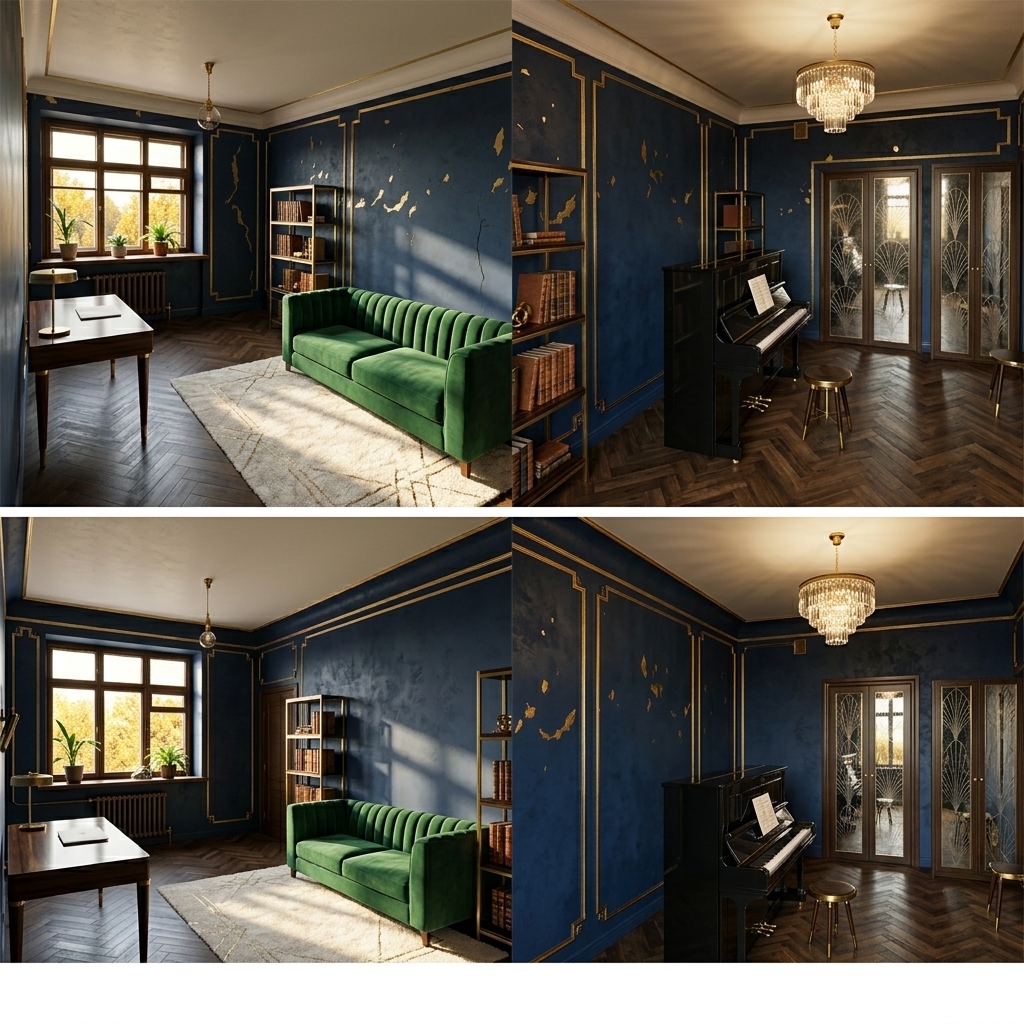 An incredibly lifelike, richly detailed, photorealistic wide-angle interior photograph of a luxurious Art Deco living room and music study set in a restored historic apartment. The scene is illuminated by soft, golden late-afternoon sunlight streaming through a restored multi-pane window combined with the warm, inviting glow of a tiered crystal chandelier, creating a sophisticated and lavish atmosphere. Captured with a 24mm f/2.8 lens, emphasizing glossy dark herringbone oak parquet floors, plush velvet textures, and radiant brass accents.

The rectangular room has been completely transformed into a masterpiece of Art Deco glamour. The decaying walls are replaced with rich, deep midnight-blue Venetian plaster trimmed with geometric gold leaf moulding. Against the long left wall, a luxurious, channel-tufted emerald green velvet sofa serves as the center of comfort, resting atop a plush cream-colored rug with subtle metallic geometric motifs. Flanking the sofa symmetrically are two tall, open-backed bookcases made of polished macassar ebony and brushed brass, filled with neat rows of leather-bound books and brass art objects. 

Near the sunlit window, a sleek executive writing desk crafted from dark polished walnut with brass-capped legs holds a minimalist brass desk lamp and a vintage leather blotter. Positioned along the right wall is the fully restored upright piano—now gleaming in a high-gloss black lacquer finish with polished brass pedals and an open sheet music stand. Adjacent to the room's entrance, a sophisticated double-door wardrobe with antiqued mirrored panels etched in iconic Art Deco fan patterns reflects the warm lighting and adds spatial depth. Outside the window, a picturesque view of golden autumn treetops bathed in soft sunlight enhances the timeless elegance and serene luxury of this impeccably balanced home retreat.