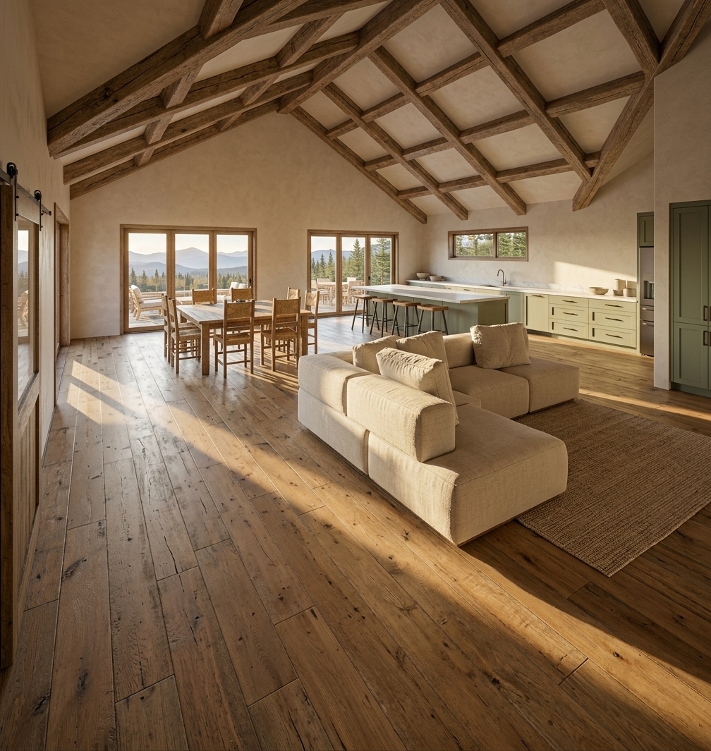 An incredibly lifelike, richly detailed, photorealistic wide-angle interior photograph of an open-concept living room, dining area, and kitchen set in a rustic country-style mountain escape. The scene is illuminated by abundant, warm afternoon sunlight streaming through large glass bi-fold doors, creating a serene, cozy, and inviting atmosphere. Captured with a professional 24mm architectural camera lens, emphasizing the raw, organic grain of heavy exposed timber beams lining the soaring vaulted ceiling, rich natural oak floorboards, and soft, tactile fabrics. In the center, a low-profile modular sectional sofa upholstered in textured cream linen anchors the lounge space, beautifully detailed with plush cushions. Beyond, a generous solid wood dining table flanked by crafted chairs sits alongside expansive glass patio doors overlooking a sunlit natural landscape, while the adjacent country kitchen features a long, seamless island topped with light quartz, lined with wooden barstools, and trimmed with dark metal accents for a refined rustic touch.