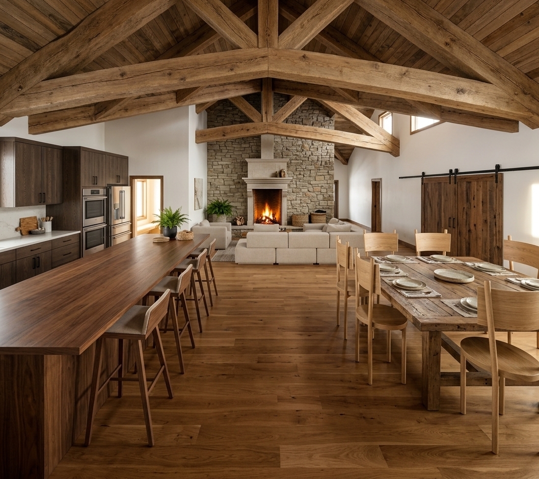 An incredibly lifelike, richly detailed, photorealistic interior photograph of a spacious country-style open-concept kitchen and lounge set in a cozy mountain escape. The scene is illuminated by soft ambient natural light streaming through large windows paired with the warm, golden glow of a crackling fire in the central stone fireplace, creating a warm, tranquil, and luxurious atmosphere. Captured with a 24mm architectural lens, emphasizing the natural wood grains of massive exposed timber ceiling trusses, smooth quartz countertops, polished hardwood flooring, and tactile linen upholstery. In the foreground on the left, a sleek, sprawling kitchen island made of solid warm timber is neatly lined with tall wooden barstools, leading the eye toward a high-end kitchen equipped with stainless steel double ovens and built-in modern cabinetry. To the right, an expansive rustic dining table surrounded by light-wood dining chairs sits parallel to a crisp white wall fitted with sleek black steel hardware for sliding barn doors. Further back in the deep perspective, a soft, neutral-toned modular sectional sofa frames the central fireplace hearth, inviting rest and gathering, all anchored under dramatic soaring vaulted ceilings that emphasize the grand depth and airy open space of this alpine sanctuary.