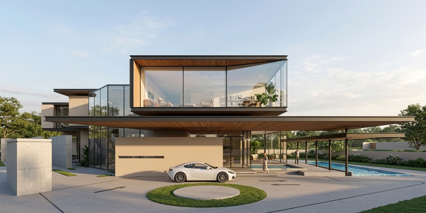 An incredibly lifelike, richly detailed, photorealistic wide-angle architectural photo of a modern multi-level minimalist haven and luxury co-working retreat set in a tranquil, landscaped estate. The scene is illuminated by soft late-afternoon sunlight, creating a serene, Zen-inspired atmosphere with clean, geometric shadows. Captured with a 24mm tilt-shift lens, emphasizing the rich textures of warm teak wood soffits, matte beige stucco walls, crisp black steel I-beams, and crystal-clear glass facades that reflect the sky and surrounding greenery. In the foreground, a smooth aggregate circular driveway centers around a manicured grass medallion where a sleek white luxury car sits parked. Visible through the expansive floor-to-ceiling glass walls, uncluttered interior lounge areas feature streamlined wooden and sleek metal furniture, photography books, abstract wall art, and lush indoor plants styled in a soft monochromatic palette of white, gray, and subtle pastels. To the right, a tranquil, crystal-blue lap pool extends beneath a dramatic cantilevered canopy, perfectly blending functional modern structure with effortless, elegant calm.