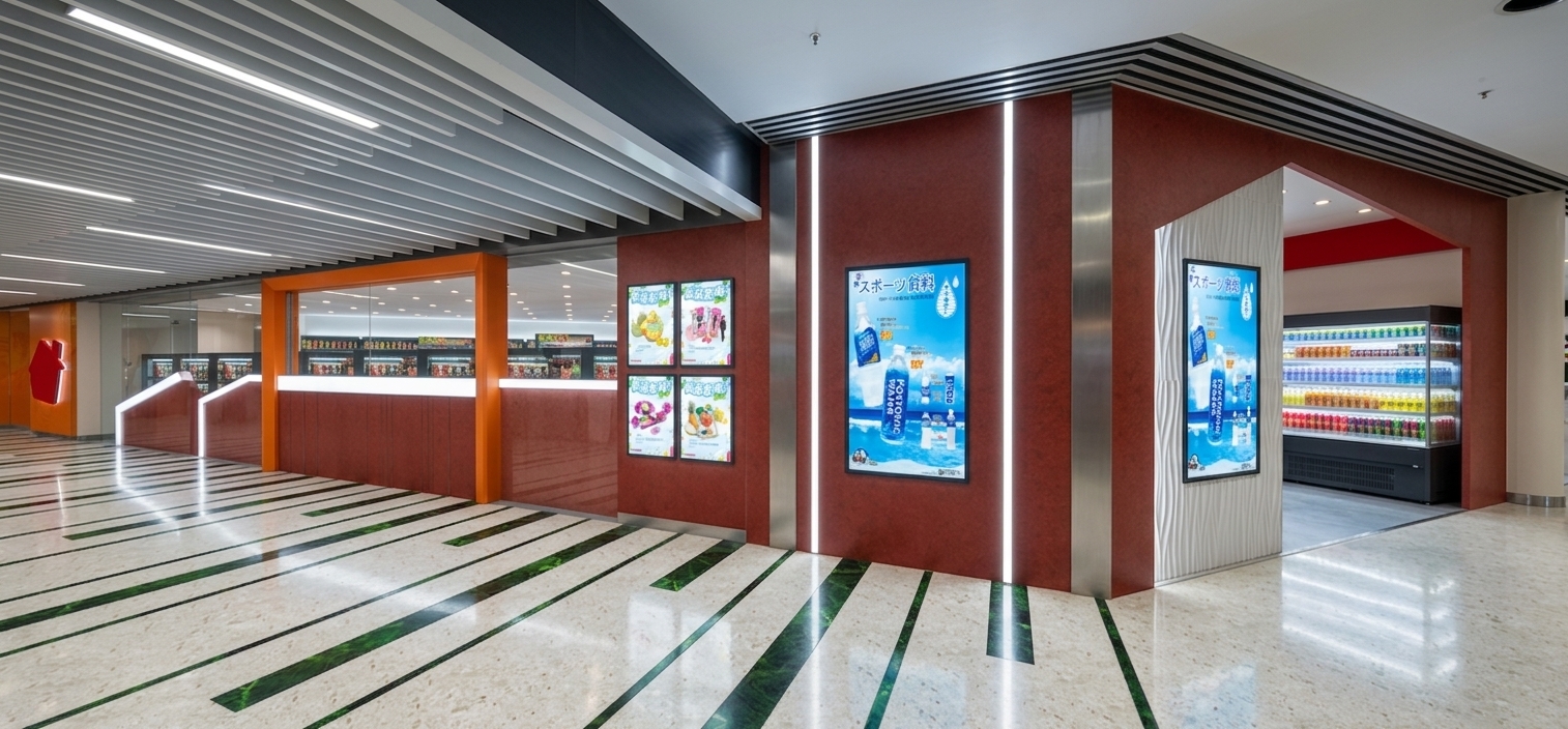 A wide-angle interior photograph of the retail storefront, maintaining the exact layout, perspective, geometry, and composition of the original scene while elevating it into a professional architectural design render. The space is illuminated by bright, cool-white commercial lighting with a neutral white balance, casting realistic luminance throughout the scene. Linear track lights recessed in the slatted ceiling emit a subtle volumetric glow and realistic bloom. The poster frames on the exterior walls are transformed into sleek, backlit illuminated lightboxes that cast a soft glow across their graphics and onto the surrounding textured deep-red wall panels. Recessed LED strip lighting integrated within the house-shaped entrance archway projects a gentle, uniform perimeter illumination that highlights the texture of the adjacent white vertical-grained paneling. Polished cream marble floor tiles with green marble inlays feature soft, realistic ray-traced reflections of the lit ceiling and interior displays. Brushed stainless steel trim panels showcase realistic metallic anisotropic reflections and specular highlights, while glass windows display subtle ambient refractions. Inside, the brightly lit beverage fridges cast distinct ambient occlusion shadows on the floor and precise micro-highlights across individual product packages, achieving a realistic commercial interior design aesthetic.