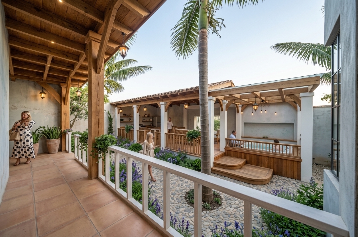 An incredibly lifelike, richly detailed, photorealistic wide-angle architectural photo of an elegant residential outdoor courtyard with French country charm set in a serene, sunlit garden sanctuary. The scene is illuminated by soft, bright natural daylight balanced by warm, glowing pendant lanterns and recessed timber lights beneath exposed wooden beams, creating a tranquil, warm, and inviting atmosphere. Captured with a professional 24mm tilt-shift wide-angle lens, emphasizing the rich grain of the raw timber roof structure, crisp whitewashed columns, smooth terracotta porch tiles, and textured cobblestone paving below. A towering palm tree anchors the central garden bed, flanked by lush flowering bushes and white balustrades, leading toward a cozy elevated lounge and Jacuzzi area. People in chic summer attire wander gracefully through the open-air covered walkways, perfectly capturing the idyllic harmony of refined luxury and seamless indoor-outdoor living.