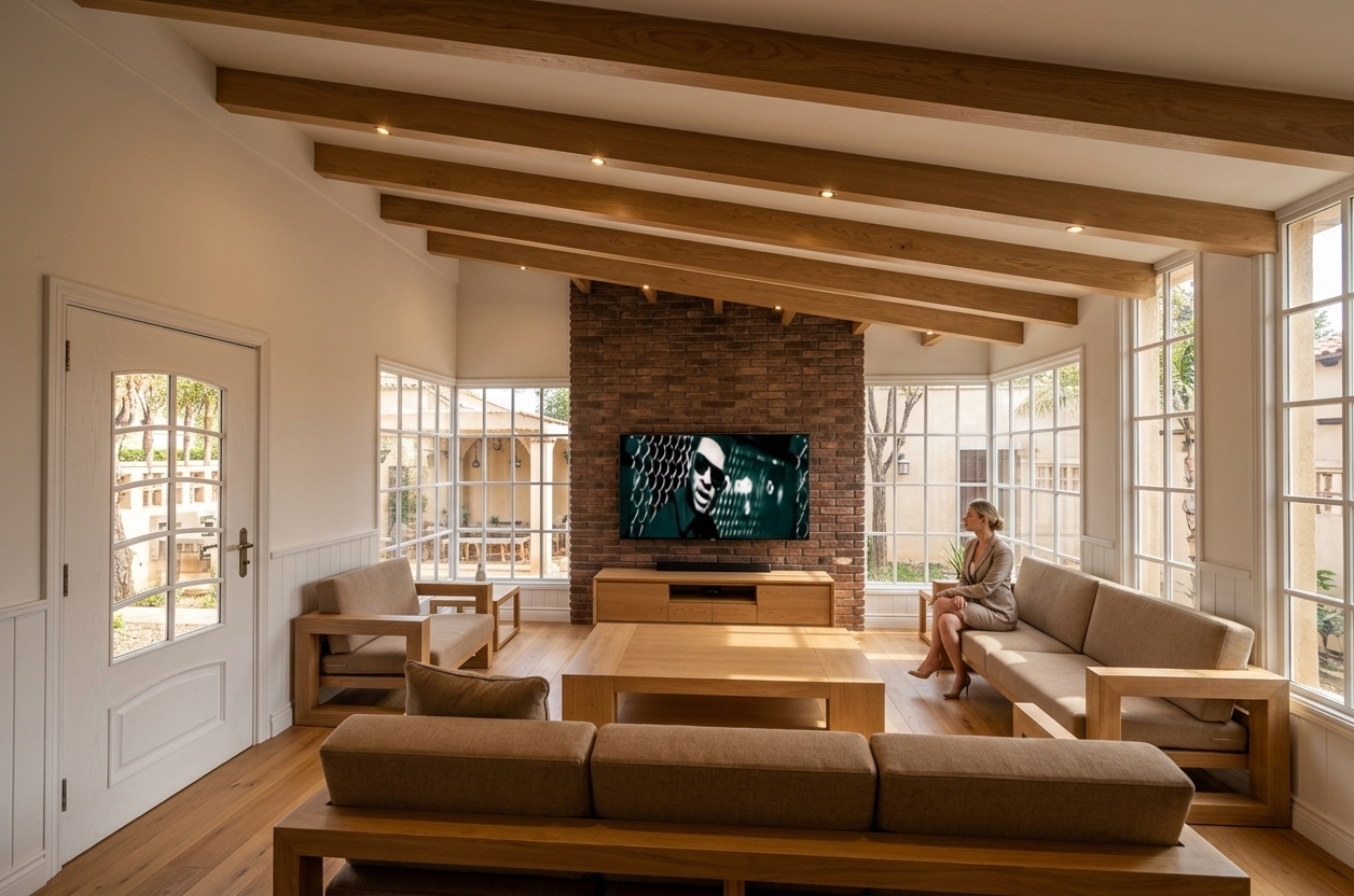 An incredibly lifelike, richly detailed, photorealistic wide-angle interior photo of a spacious living room set in a serene Mediterranean retreat villa. The scene is illuminated by bright, natural daylight pouring in through expansive multi-pane grid windows paired with warm, subtle recessed spotlights mounted on the ceiling, creating a tranquil and inviting atmosphere. Captured with a professional 24mm architectural lens, emphasizing the tactile grain of exposed timber ceiling beams, the raw texture of a dark red-brick accent wall, and the sleek finish of low-profile solid wood furniture. 

Centered around a marble-topped square coffee table and a matching low-slung media console, the room features generous wooden sofas upholstered in warm neutral beige fabric. A woman in elegant attire rests quietly on the side sofa, gazing out toward the sun-drenched outdoor courtyard visible through the floor-to-ceiling windows. Smooth light-oak wood flooring reflects the ambient light, seamlessly connecting the room's rustic architectural elements—such as the vaulted beamed ceiling and classic wainscoted wall panels—into a harmonious, luxurious space designed for relaxed indoor-outdoor living.
