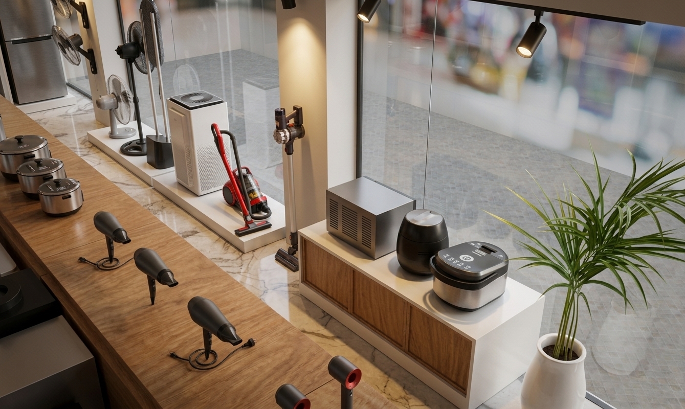 A high-end architectural photograph of a modern indoor appliance showroom captured from an elevated eye-level angle with a 24mm wide-angle lens. The scene is illuminated by a realistic mix of cool commercial ceiling spotlights and soft, diffused natural daylight filtering through the large floor-to-ceiling glass window in the background. The foreground features a light warm oak countertop with subtle wood grain textures showcasing glossy black and dark grey hair dryers with fine molded plastic seam details. In the center, a polished white display platform surrounded by marble-patterned porcelain floor tiles supports stand fans, a sleek red canister vacuum cleaner with gloss-painted plastic, and a mounted stick vacuum with an anodized metal tube finish. To the right, a clean white display cabinet with light wood paneling holds a matte black toaster oven, a dark textured air fryer, and a sleek multicooker with soft reflections on its digital display panel. At the far right edge, a lush green potted palm with glossy leaves stands in a smooth white ceramic pot. The large background glass window exhibits realistic subtle surface reflections of the indoor lights while revealing a softly blurred, out-of-focus exterior corridor in the distance, complete with gentle optical vignetting, natural depth of field, and realistic physical micro-textures on every plastic, metallic, and wooden surface.