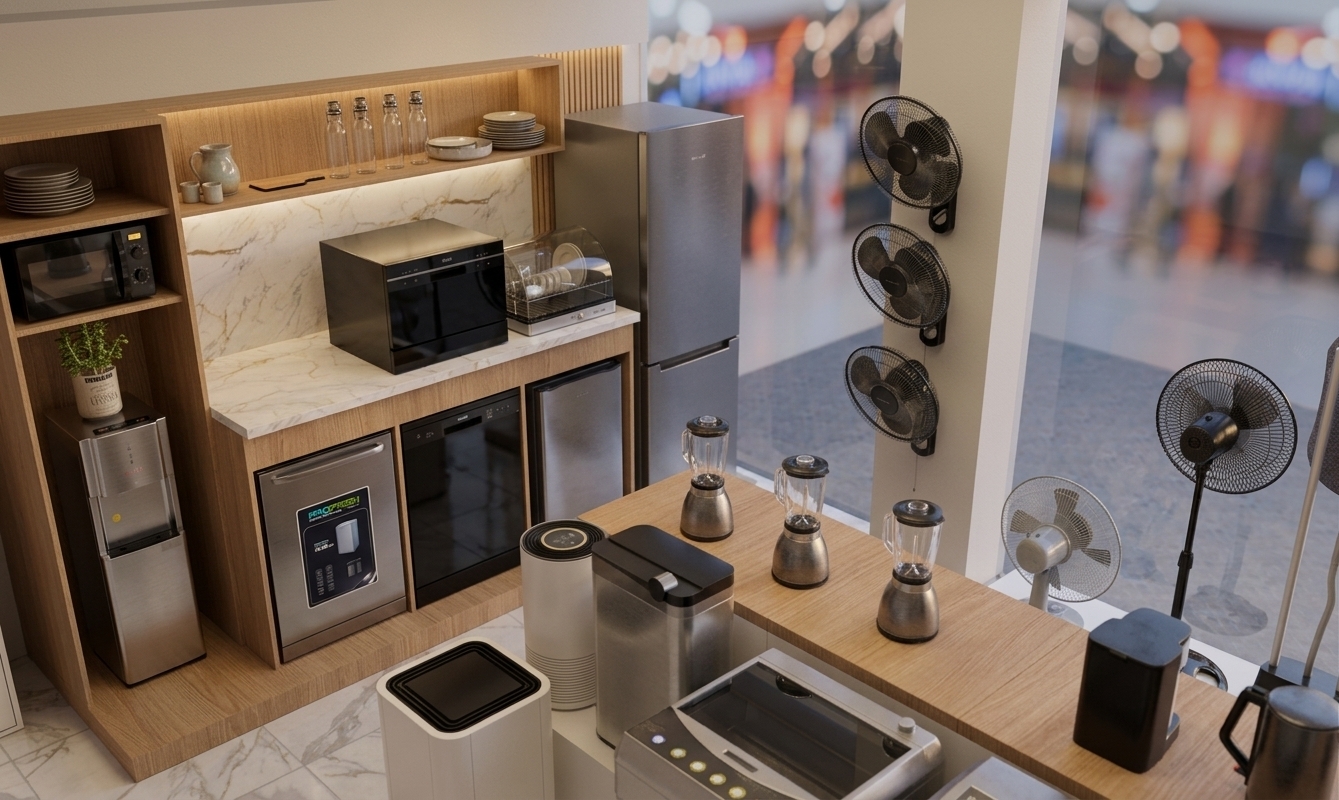A realistic photograph of a modern retail appliance showroom displaying a full kitchen mockup alongside counter displays, captured from an elevated eye-level angle looking across the bright interior space. Diffused commercial LED overhead lighting combines with warm ambient light filtering through the large rear glass window, casting clean, soft shadows across the polished white marble tiled floor. The stainless steel refrigerator and water dispenser exhibit fine brushed metallic textures with subtle anisotropic reflections, while the sleek black dishwashers and microwave feature glossy finishes with delicate surface micro-reflections and tiny, natural dust particles under the light. On the warm wood-grained display counter, glass blender jars catch crisp highlights with realistic refraction, sitting beside smooth matte-white cylindrical air purifiers and detailed black plastic standing fans. The central white column holds three stacked black oscillating wall fans with fine metal wire grid textures. Through the clear floor-to-ceiling window, the shopping mall interior melts into a soft, warm bokeh blur, producing a sharp, high-detail exposure with a natural 35mm lens perspective, faint chromatic aberration along high-contrast metal edges, and gentle film grain in the mid-tones.