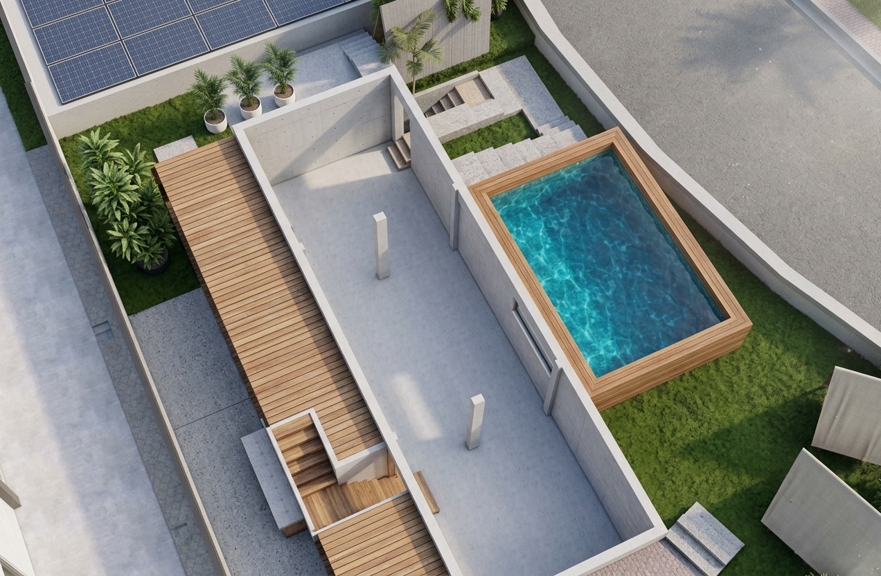 A sharp, high-angle architectural photograph capturing the exact property layout with a refined industrial aesthetic under clear daylight. The main open structure features raw, smooth-poured concrete floors and walls with authentic cement micro-textures, faint formwork seams, and matte structural pillars. The long elevated walkway deck and matching staircase display rich teak wood planks with realistic wood grain, tight joints, and a low-sheen protective seal. The rectangular swimming pool holds shimmering, crystal-clear turquoise water with delicate caustic light patterns on the basin, trimmed with a warm timber frame that shows subtle wet splashes along its inner rim. Clean concrete pavers and a vibrant green grass lawn surround the layout, dotted with realistic potted foliage that casts soft, crisp shadows under the bright sun. The scene is rendered with photographic precision, featuring natural material refractions, subtle micro-contrasts, soft ambient occlusion, and faint lens vignetting, leaving all geometry, layout, camera placement, and composition completely unchanged.