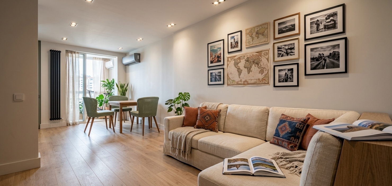 An incredibly lifelike, richly detailed, photorealistic wide-angle interior photo of a modern living room styled as a vibrant traveler's trove set in a sunlit urban apartment. The scene is illuminated by soft, natural daylight filtering through sheer balcony curtains paired with warm recessed ceiling spotlights, creating a cozy, cultured, and adventurous atmosphere. Captured with a 24mm prime lens at eye level, emphasizing tactile linen fabrics, rich wood grains, and intricately woven global patterns. In the foreground, an expansive L-shaped sectional sofa in textured cream upholstery is layered with earthy terracotta and indigo kilim pillows, featuring an open photography book resting on its broad armrest. The expansive light-grey backdrop wall showcases a curated gallery of travel-inspired art, vintage maps, and framed global photography. Soft light oak floorboards extend into the background dining nook, where a minimalist table is paired with vintage-leaning, sage-green woven chairs on sleek wooden legs. Lush potted indoor plants stand near a sleek vertical black radiator and sliding glass doors, adding vitality to this beautifully layered, worldly space.
