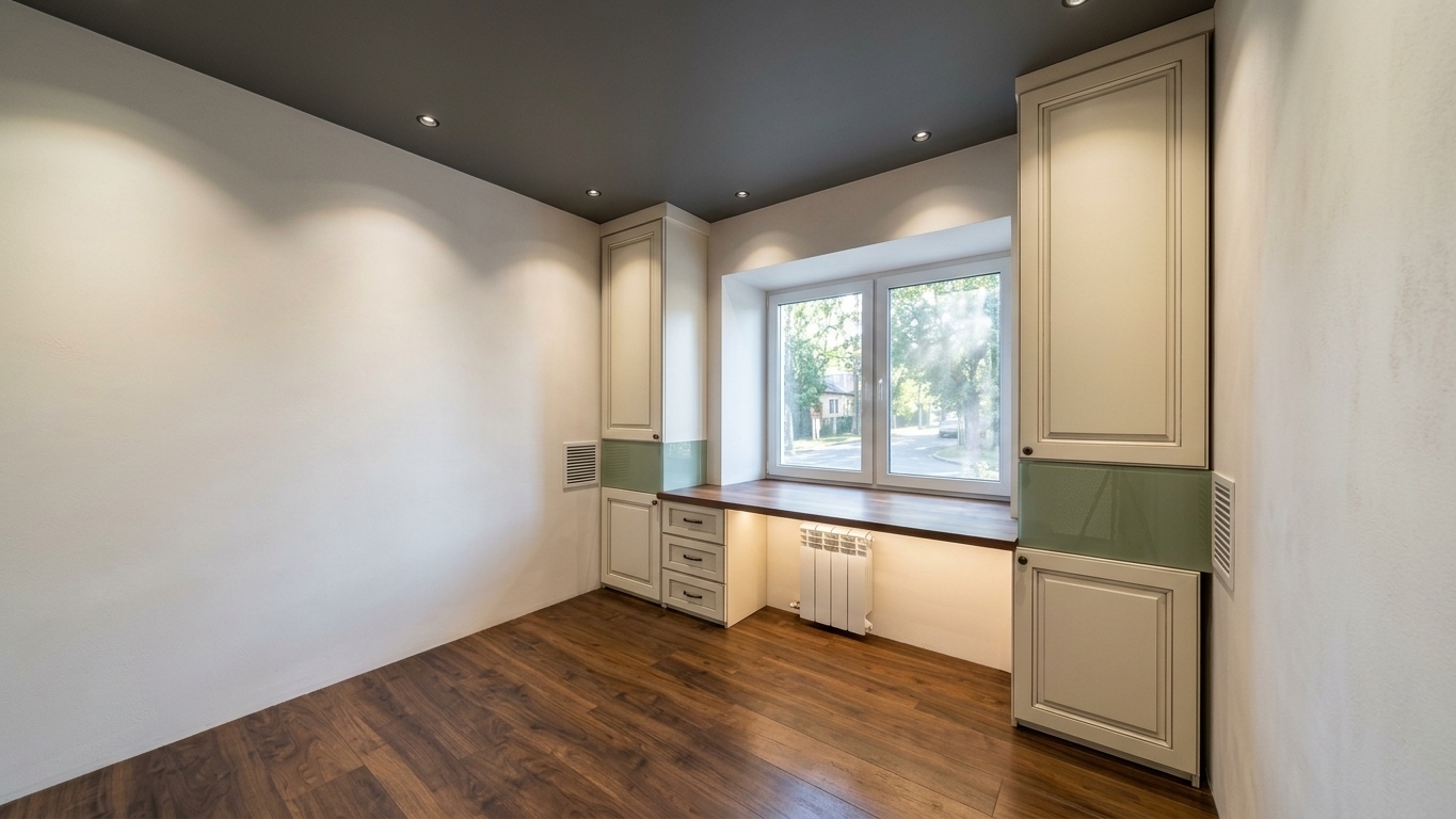 A photorealistic interior photograph keeping the exact composition, geometry, and perspective of the scene, enhanced with soft integrated ceiling lighting. Recessed warm-toned architectural spotlights in the flat ceiling cast gentle downward illumination, creating smooth light gradients and subtle shadows across the smooth off-white walls and classic paneled cream cabinetry. The dark hardwood floor displays rich natural grain patterns and soft satin reflections from the ceiling lights combined with cool daylight filtering through the central window. The dark wood desk surface features fine wood grain micro-textures with realistic specular highlights, while soft ambient occlusion highlights the radiator beneath the desk. Shot with an architectural wide-angle lens, the image showcases precise exposure balancing the interior ceiling lights with natural window light, subtle surface textures, faint optical vignetting, and a natural photographic film feel.