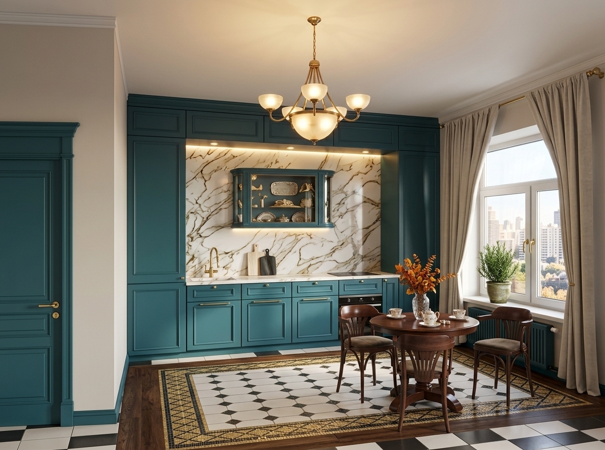 An incredibly lifelike, richly detailed, photorealistic wide-angle interior shot of an opulent Art Deco glamour kitchen set in a high-end urban residence. The scene is illuminated by the warm, radiant glow of the newly lit classic brass chandelier, soft integrated cabinet accent lighting, and gentle natural daylight from the window, creating an inviting, sophisticated atmosphere. Captured with a 35mm architectural lens, emphasizing the dramatic gold and grey veining of the polished Calacatta marble backsplash, deep teal recessed cabinetry, and intricate checkered mosaic floor border. At the center, a polished mahogany dining table is beautifully styled with two delicate porcelain tea cups and a cozy autumn bouquet featuring vibrant fall foliage and slender branches in a crystal vase. Elegant, floor-length neutral curtains hang gracefully beside the window, where a lush, thriving potted rosemary plant sits atop the warm wooden window sill, overlooking the city skyline in stunning photorealistic detail.