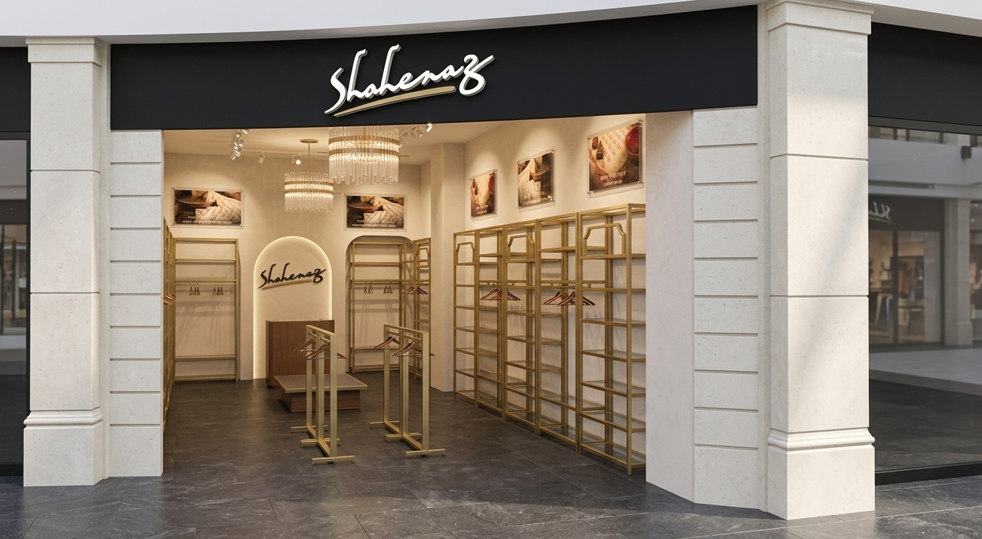 A professional architectural photograph of a high-end retail clothing boutique storefront captured at bright midday with a wide-angle tilt-shift lens at eye level. The matte black fascia sign features illuminated, raised dimensional white script reading "Shahenaz" with a soft golden underline, casting a subtle ambient backlight. Flanking the entrance, the off-white architectural facade columns exhibit fine horizontal joint lines and realistic limestone micro-textures under crisp, even daylight. Looking through the open doorway into the interior, warm indoor track lighting and layered glass-rod chandeliers emit a inviting 3000K glow, casting soft highlights onto the satin-brushed gold metal display racks, smooth dark charcoal floor, and warm wooden checkout counter. The internal off-white plaster walls and framed artwork show subtle surface variations and realistic glass reflections. Every structural detail, camera perspective, layout, and placement of racks, hangers, and fixtures is precisely preserved from the scene, rendered with authentic material physics, sharp optical detail, natural depth of field, and subtle lens vignetting.