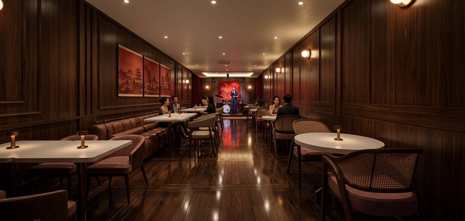 An incredibly lifelike, richly detailed, photorealistic wide-angle interior photograph of an intimate mid-century modern lounge and restaurant set in an upscale urban establishment. The scene is illuminated by warm, moody ambient recessed downlights, glowing spherical wall sconces, and subtle table lamps casting soft pools of light, creating a sultry, sophisticated atmosphere. Captured with a professional 24mm architectural lens, emphasizing glossy polished tile reflections, rich dark walnut timber paneling, woven cane armchair backs, and plush dusty-rose upholstered seating.

Extending down the center of the hall, the polished dark floor tiles offer crisp, glossy reflections of the ambient lighting and warm interior elements. Elegant patrons are seated at the various tables on both sides, engaged in relaxed conversation over cocktails. Framing the left wall, traditional East Asian red landscape artwork hangs gracefully within dark wood molding above continuous leather banquettes. At the far end of the narrow dining room, a live singer performs under subtle stage spotlights in front of a drum kit and a vibrant red artistic backdrop, filling the mood-lit space with an air of refined entertainment.