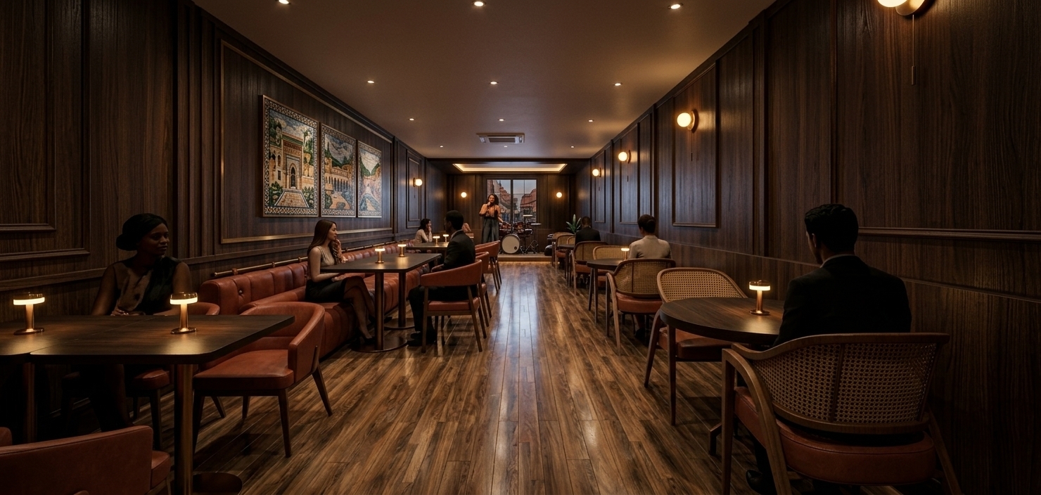 An incredibly lifelike, richly detailed, photorealistic wide-angle interior view of an intimate, upscale lounge set in a dark wood-paneled restaurant infused with Moroccan mystique. The scene is illuminated by glowing table lamps, warm brass wall sconces, and subtle recessed ceiling spotlights, creating a moody, sultry atmosphere. Captured with a full-frame camera equipped with a 24mm architectural lens, emphasizing the rich tactile textures of woven cane chair backs, plush terracotta leather upholstery, intricate dark timber trim, and soft glossy reflections shimmering across the polished wood-look floor tiles. Chic patrons are seated along the tufted banquette and at round dining tables, engaged in quiet conversation over drinks, while at the far end of the narrow space, a soulful live singer performs at a microphone under a soft spotlight beside a drum kit on stage. Light glints smoothly off the polished tiles, casting gentle mirror-like reflections that give the deep, rhythmic perspective of the room a truly captivating presence.