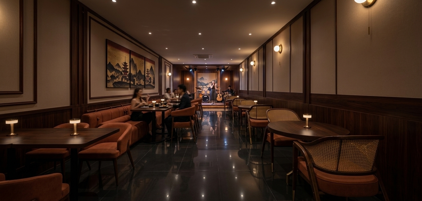An incredibly lifelike, richly detailed, photorealistic wide-angle interior shot of an upscale Japanese Zen-inspired lounge set in a moody, high-end urban restaurant. The scene is illuminated by soft, low ambient lighting from warm spherical wall sconces, delicate table lamps, and focused theatrical stage spotlights, creating an intimate, sophisticated, and serene atmosphere. Captured with a professional 24mm architectural lens, emphasizing rich dark mahogany wood grain textures, woven cane backrests, matte terracotta upholstery, and deep reflective floor tiles...

The elongated venue invites viewers down a central pathway floored with sleek, glossy dark tiles that softly mirror the warm overhead glows and furniture silhouette reflections. Along the left wall, framed panels displaying traditional Japanese mountain landscape paintings in deep red tones set a tranquil mood above a continuous, plush terracotta banquette where stylish customers sit conversing over drinks. To the right, round dark wood tables are framed by chic armchairs featuring intricate woven rattan backs and polished brass accents. At the far end of the room, a softly lit wooden stage showcases a live singer delivering an intimate musical performance alongside a full drum kit and acoustic guitars, filling the ambient, shadow-filled dining room with acoustic warmth and effortless sophistication.