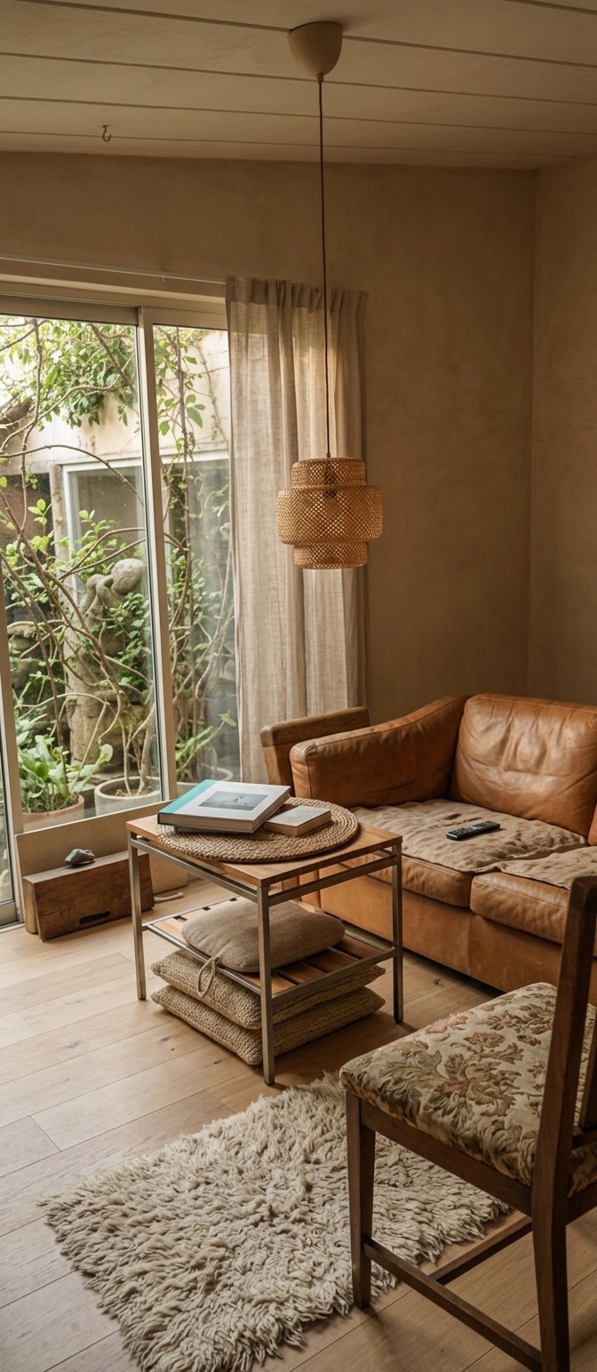 An incredibly lifelike, richly detailed, photorealistic interior shot of a serene Japanese Zen-inspired TV lounge set in a minimalist modern sanctuary. The scene is illuminated by soft, diffused late-afternoon sunlight pouring through large glass sliding doors, creating a deeply tranquil, earthy, and warm wabi-sabi atmosphere. Captured with a 35mm prime lens, emphasizing raw plaster wall textures, organic linen weaves, and rich natural wood grains. 

The space features hand-troweled, textured warm-beige lime wash walls and seamless matte oak flooring. Preserved from the original layout, the signature tiered woven rattan pendant light hangs gracefully near the center, casting a soft woven shadow pattern. Designed specifically for an elderly gentleman's ultimate comfort, a deep, highly supportive ergonomic lounge chair—upholstered in supple, warm-caramel vintage leather with broad, tactile wooden armrests—invites relaxation facing towards an out-of-frame television. A low, organic-shaped raw teak coffee table rests on a hand-knotted, un-dyed wool rug, while sheer neutral linen drapes frame breathtaking views of a peaceful, lush garden courtyard filled with green foliage and weathered stone elements outside.