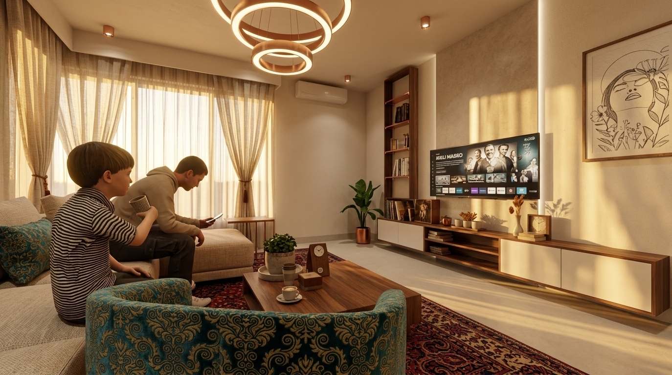 An incredibly lifelike, richly detailed, photorealistic wide-angle interior shot of a stylish retro-futuristic living room set in a contemporary home during late autumn. The scene is illuminated by the soft, warm glow of a golden-hour sunset filtering through sheer drapery, complemented by sleek metallic chandelier rings and warm LED accent lights, creating a nostalgic, warm, and space-age atmosphere. Captured with a 24mm architectural lens, emphasizing rich wood grains, shimmering copper finishes, polished marble reflections, and intricate damask textiles.

In the foreground, a young boy in a striped shirt sips a beverage on a light-toned sofa alongside a sleek damask-patterned armchair, while a man relaxes in the background with his smartphone, introducing a comfortable human scale to the streamlined design. At the center, a low-profile geometric wooden coffee table rests on a traditional patterned area rug, holding small everyday items. The main feature wall showcases a floating wooden media console beneath a flush-mounted television display, flanked by a tall vertical bookshelf and a vibrant potted indoor plant in the corner. Above, interlocking circular halo chandeliers suspended from the ceiling cast soft glowing light across the space, echoing a subtle sci-fi aesthetic that gracefully bridges mid-century warmth with forward-looking design.