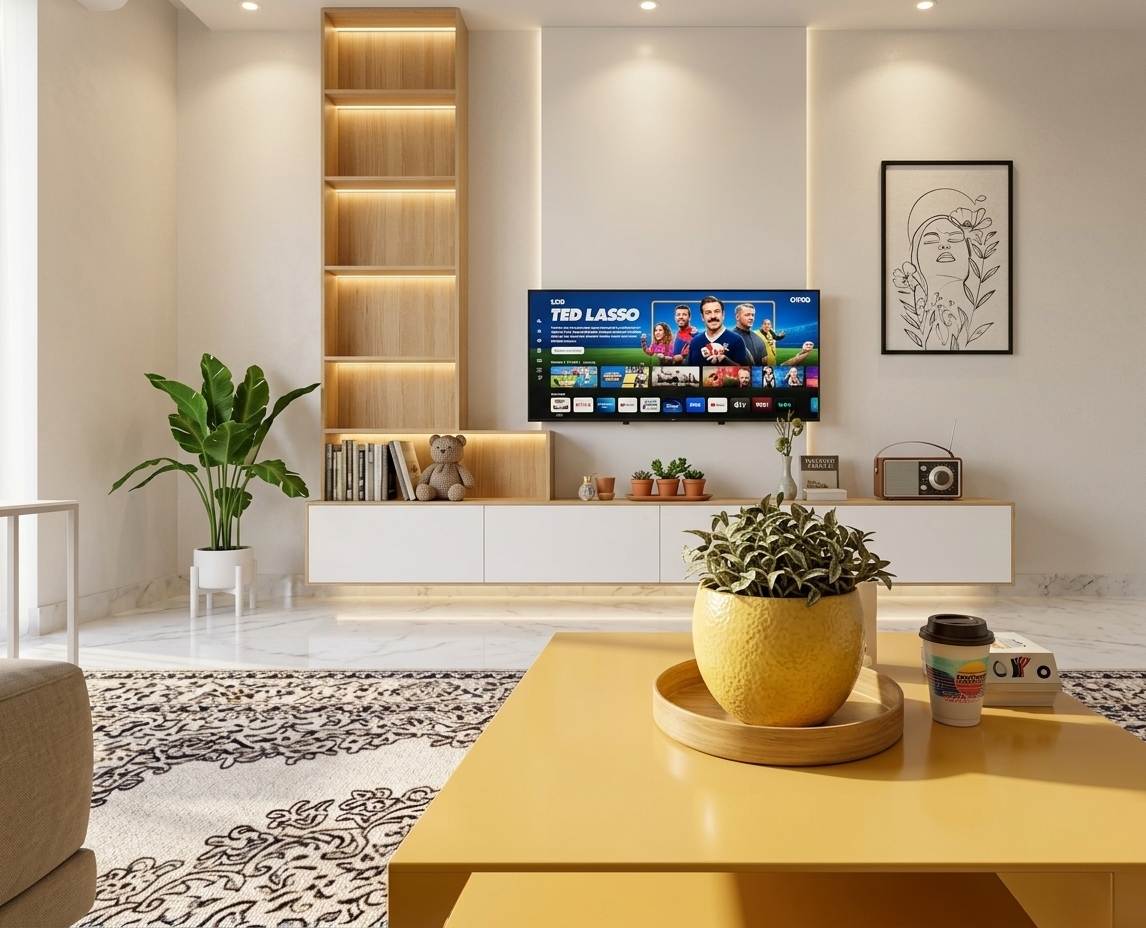 An incredibly lifelike, richly detailed, photorealistic eye-level interior shot of a chic retro-futuristic living room set in a sophisticated modern residence. The scene is illuminated by bright midday sunlight paired with soft, warm recessed spotlights and LED backlighting on open shelving, creating a cozy, innovative, and nostalgic atmosphere. Captured with a 35mm architectural lens at f/8, emphasizing the rich natural grain of the light oak timber, smooth white lacquer finishes, and subtle reflections across the polished white marble floor. In the foreground, a streamlined wooden coffee table holds a yellow ceramic pot on a matching tray, a coffee cup, and a design book rested over an intricately patterned area rug. In the background, a sleek floating console with built-in lit shelving flanks a wall-mounted smart TV displaying a vibrant screen, while a lush green indoor plant on a tripod stand and vintage-inspired artwork complete this harmoniously stylized space.