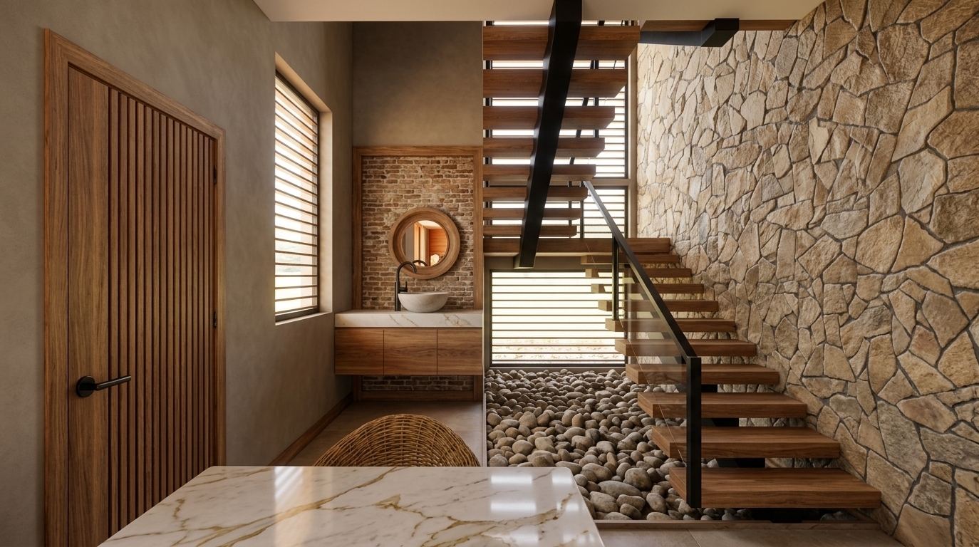 An incredibly lifelike, richly detailed, photorealistic eye-level interior photograph of a modern alpine cabin foyer and wash area set in a tranquil mountain escape. The scene is illuminated by bright midday summer light streaming through horizontal slatted windows, creating an inviting, cozy, and organic atmosphere. Captured with a 35mm architectural lens, emphasizing the tactile contrasts of rugged flagstone, rich wooden grain, polished white marble, and natural river rock.

To the right, an impressive feature wall clad in irregular, warm-toned flagstone masonry anchors the space, supporting a floating open-tread wooden staircase with a sleek black metal spine and glass balustrade. Beneath the stairs lies an indoor rock garden filled with smooth river stones, bringing an earthy, tactile element indoors. Tucked into a recessed alcove, a stylish powder vanity features a vessel sink on a floating wooden cabinet, framed by rustic exposed brick and a circular wood-framed mirror. On the left, a slatted timber door set into smooth warm-grey plaster walls adds refined texture, while a gold-veined white marble tabletop in the foreground introduces a touch of luxury to this comfortable, cabin-inspired retreat.