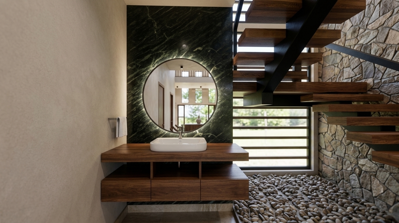 An incredibly lifelike, richly detailed, photorealistic interior photo of a luxury vanity area and floating staircase set in a modern mountain escape. The scene is illuminated by bright midday summer daylight streaming through large horizontal window slats complemented by soft halo backlighting, creating an inviting, cozy, and sophisticated atmosphere. Captured with a 35mm tilt-shift lens, emphasizing the tactile textures of polished dark veined marble, rich wooden grains, smooth ceramic, and rugged natural river rocks...

Centering the frame, a pristine white vessel sink rests on a floating countertop above sturdy, deep brown wooden cabinetry. Directly behind, a dramatic dark green-black marble accent wall frames a large backlit circular mirror, which reflects the home's expansive, light-filled double-height interior. To the right, cantilevered alpine wooden stair treads anchored by a black steel spine float gracefully over a bed of natural smooth pebbles, set against a rugged stone feature wall. Earthy shades of deep green, rich brown, and warm neutral plaster walls perfectly blend rugged alpine nature with refined, comfortable architectural design.