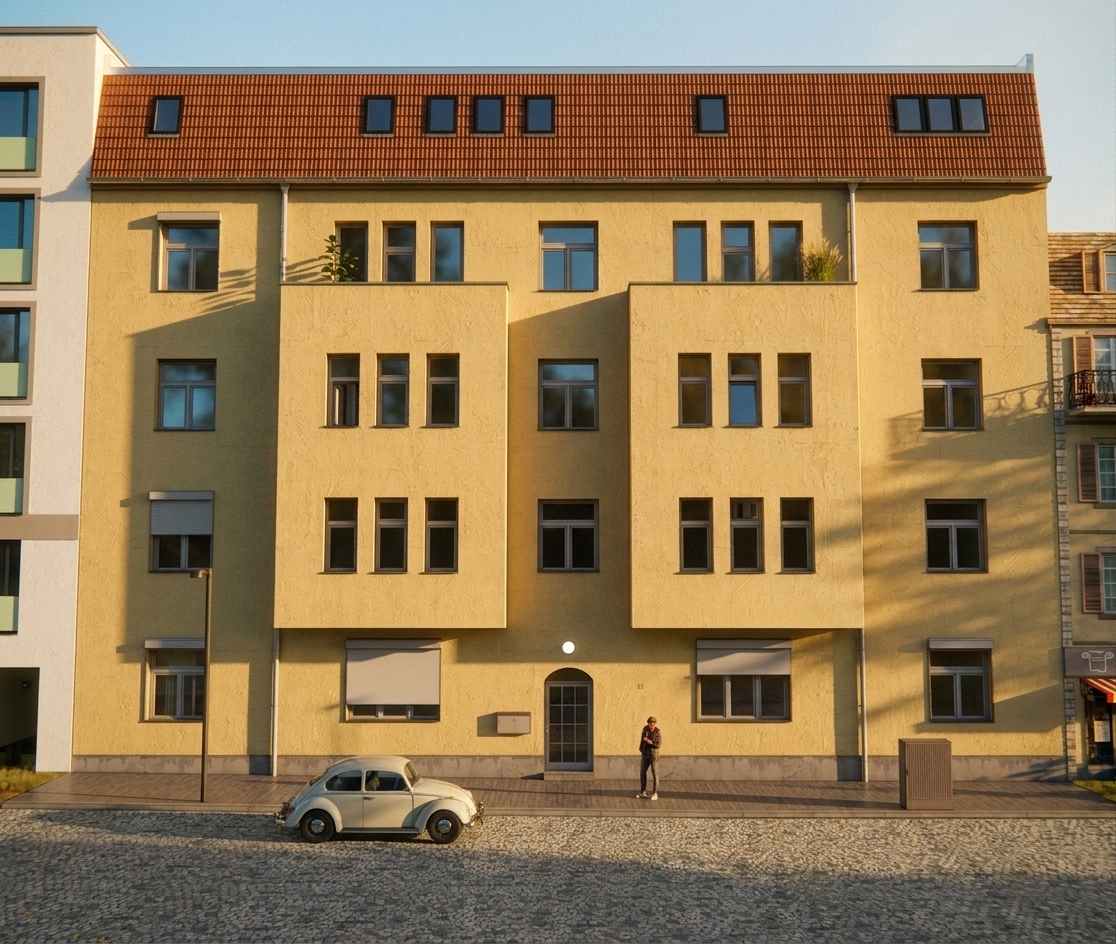 A professional architectural photograph capturing the exact scene under dramatic late-afternoon sun, where low-angled golden sunlight strikes the facade from the side to create long, sweeping diagonal shadows and intense visual contrast. The rich yellow stucco facade gains tangible tactile realism with clearly defined plaster micro-textures, subtle surface unevenness, and natural weathering, while the red terracotta mansard roof tiles exhibit individual edge highlights and subtle tonal variation. Deep, cool-toned shadows defined by high dynamic range linger under the protruding window bays and roofline, accentuating the building's geometry without obscuring fine shadow details. The white vintage car parked along the curb displays authentic clearcoat reflections, chrome specular glints, and crisp shadow ground-contact, matching the gritty, textured realism of the sunlight-dappled cobblestone street. Window panes reflect realistic sky gradients and faint cloud patterns with high optical clarity. Shot on a professional full-frame camera using a tilt-shift lens to maintain perfectly straight architectural verticals, the image incorporates fine 35mm film grain, gentle edge vignetting, and natural micro-contrast that renders the entire scene as a real, unedited street photo.