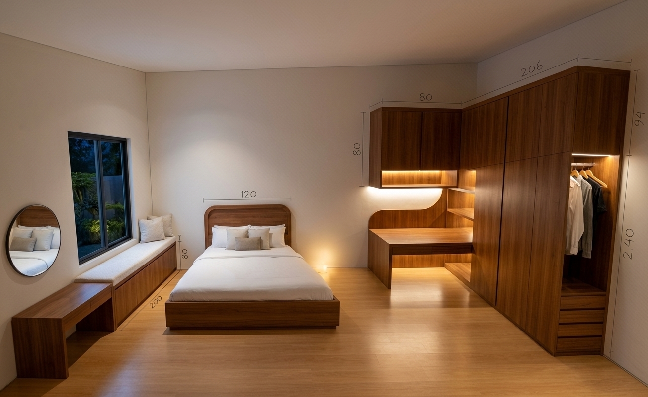 An incredibly lifelike, richly detailed, photorealistic wide-angle interior photograph of a modern master bedroom suite set in a luxury boutique hotel room during a serene summer night. The scene is illuminated by warm, concealed LED strip lights built into the custom cabinetry and a soft, ambient room glow, creating a tranquil, minimalist haven atmosphere. Captured with a 24mm tilt-shift lens on a full-frame camera, emphasizing the smooth, elegant grain of warm Treco wood, crisp white linens, and refined architectural lines. In the center of the space, a sleek platform bed dressed in pristine white linens invites relaxation against smooth neutral walls. To the right, a floor-to-ceiling custom wardrobe and integrated study desk crafted entirely from rich Treco wood display flawless joinery and functional elegance. Along the left wall, a cozy upholstered window bench aligns perfectly with an adjoining vanity table, anchored by a stylish circular mirror that subtly reflects the calm, warm night light inside the room.