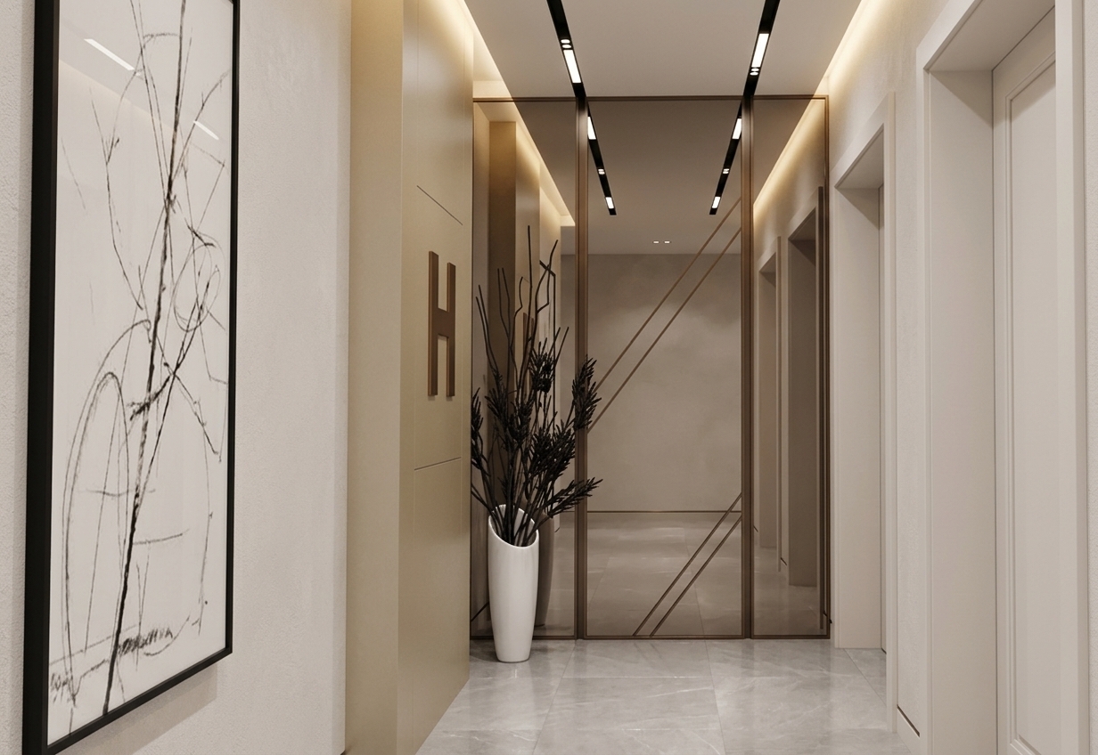 An incredibly lifelike, richly detailed, photorealistic eye-level interior photo of an exclusive hotel lobby hallway set in a contemporary luxury boutique hotel. The scene is illuminated by sleek, recessed linear track lighting and soft warm ambient cove lights, creating a sophisticated, serene, and light-filled atmosphere. Captured with a 35mm wide-angle lens, emphasizing the smooth textures, polished stone surfaces, and clean-lined architectural geometry. 

The corridor showcases an understated color palette of warm white, pearl, champagne, and soft gray. On the left, a large black-framed abstract wall art piece with delicate sketch-like motifs adds an artistic anchor to the space. Further along the wall, a refined bronze monogram logo sits above a floor vase housing dark, sculptural botanical stems that introduce a touch of organic texture. The end of the hallway features a full-height, tinted smoked mirror framed by slim metal accents, perfectly reflecting the airy interior and creating depth. Underfoot, polished stone tile flooring softly catches subtle reflections, while clean-lined door surrounds on the right complete this balanced, highly refined hospitality sanctuary.