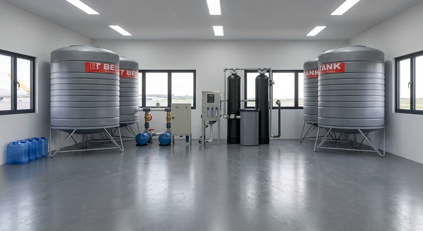 A crisp, professional architectural photograph of a commercial water treatment facility interior, precisely retaining the geometry, layout, and straight-on wide-angle perspective of the source image. The large, grey corrugated plastic water tanks exhibit authentic rotomolded polyethylene micro-textures, faint manufacturing seam lines, and soft specular highlights along their ridged surfaces, mounted on sturdy painted steel pipe bases. The smooth grey epoxy floor reflects diffuse overhead illumination from rectangular recessed LED ceiling fixtures, showing realistic subtle surface wear, micro-scuffs, and gentle contact shadows under all machinery. In the center, the stainless steel control unit features brushed metal textures, illuminated glass-fronted pressure gauges, and realistic wiring, flanked by dark matte fiberglass filtration cylinders and glossy blue water pumps connected by white PVC piping with subtle solvent residue near joints. On the left, translucent blue plastic water containers sit neatly on the floor, refracting ambient light. Natural daylight filters through the dark aluminum-framed windows, illuminating the space with a neutral, clean color temperature, while the view through the left window reveals a crisp exterior airport tarmac environment. Shot with a 24mm tilt-shift lens at f/8, the image features full scene clarity, realistic volumetric depth, natural light bounce, and microscopic camera grain for absolute realism.