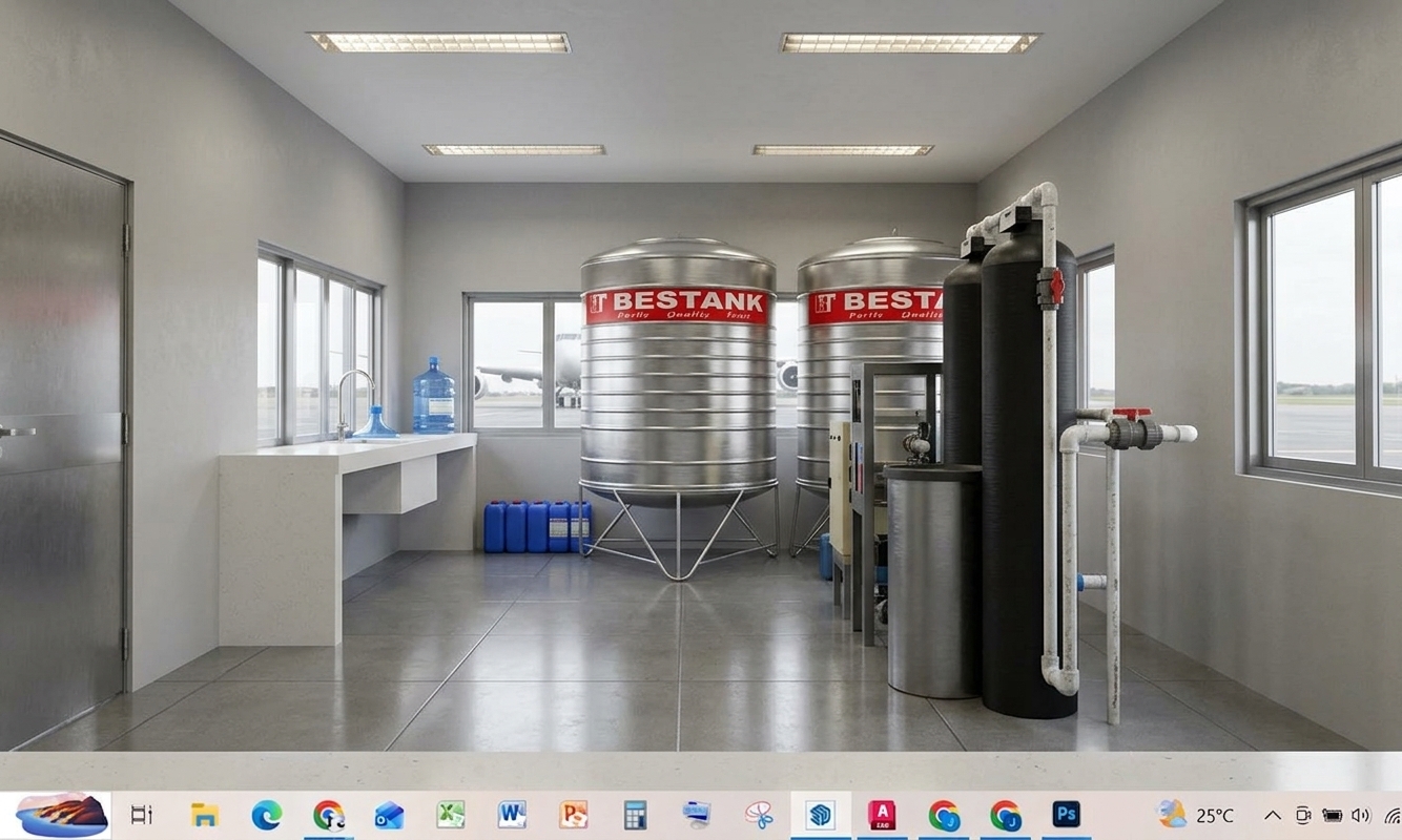 A professional wide-angle architectural photograph capturing the utility water treatment room with exact structural alignment, camera angle, and spatial layout preserved. Soft, diffuse cool lighting emanates from the ceiling-mounted fluorescent grid fixtures, casting realistic soft ambient shadows beneath the machinery while blending with natural daylight streaming through the rear windows. The two large cylindrical stainless steel water tanks exhibit subtle horizontal corrugated ribs, realistic brushed metallic specular highlights, and crisp red branding banners. Beside them, tall vertical black filter cylinders showcase matte composite fiberglass micro-textures alongside intricately fitted white PVC piping, metallic control valves, and wall-mounted support brackets. Blue semi-translucent plastic water jugs resting on the floor and near the sink countertop catch ambient light with realistic plastic caustics and subtle surface scuffs. The floor consists of large light-grey polished epoxy tiles featuring fine seams and soft overhead light reflections. The glass windows present subtle interior reflections while providing a clear, natural view of the exterior airfield under a cool daytime sky. Captured with a sharp 24mm architectural tilt-shift lens, the image displays clean geometry, true-to-life surface textures, balanced highlights, and realistic material physics.