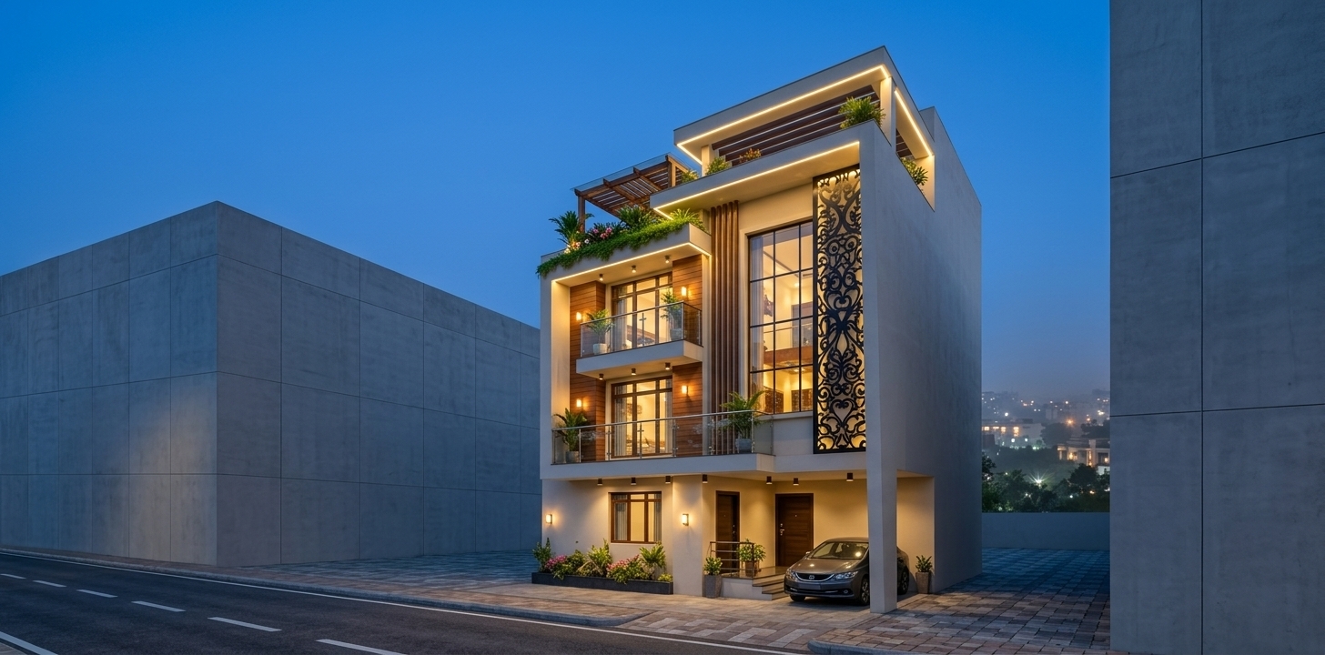 An incredibly lifelike, richly detailed, photorealistic wide-angle exterior rendering of a modern three-story luxury residence set in an upscale Indian neighborhood. The scene is illuminated by the serene, deep cobalt tones of the blue hour just after sunset, seamlessly balanced with warm golden light spilling from expansive floor-to-ceiling windows and concealed exterior LEDs, creating an inviting and opulent atmosphere. Captured with a professional 24mm tilt-shift architectural lens, emphasizing the tactile textures of rich teak wood wall paneling, smooth off-white stucco, polished glass balustrades, and a striking, laser-cut black metal jali screen running vertically up the facade. Recessed ceiling lights, warm wall sconces, and soft landscape uplighting accentuate the building's geometric layers, highlighting a ground-floor carport with a sleek modern sedan, a glass-encased balcony level, and a lush green rooftop terrace topped with a wooden pergola. Surrounding the residence, refined stone pavers, vibrant manicured flowerbeds, and decorative planters add natural warmth, perfectly embodying a blend of contemporary luxury and tropical Indian exuberance.
