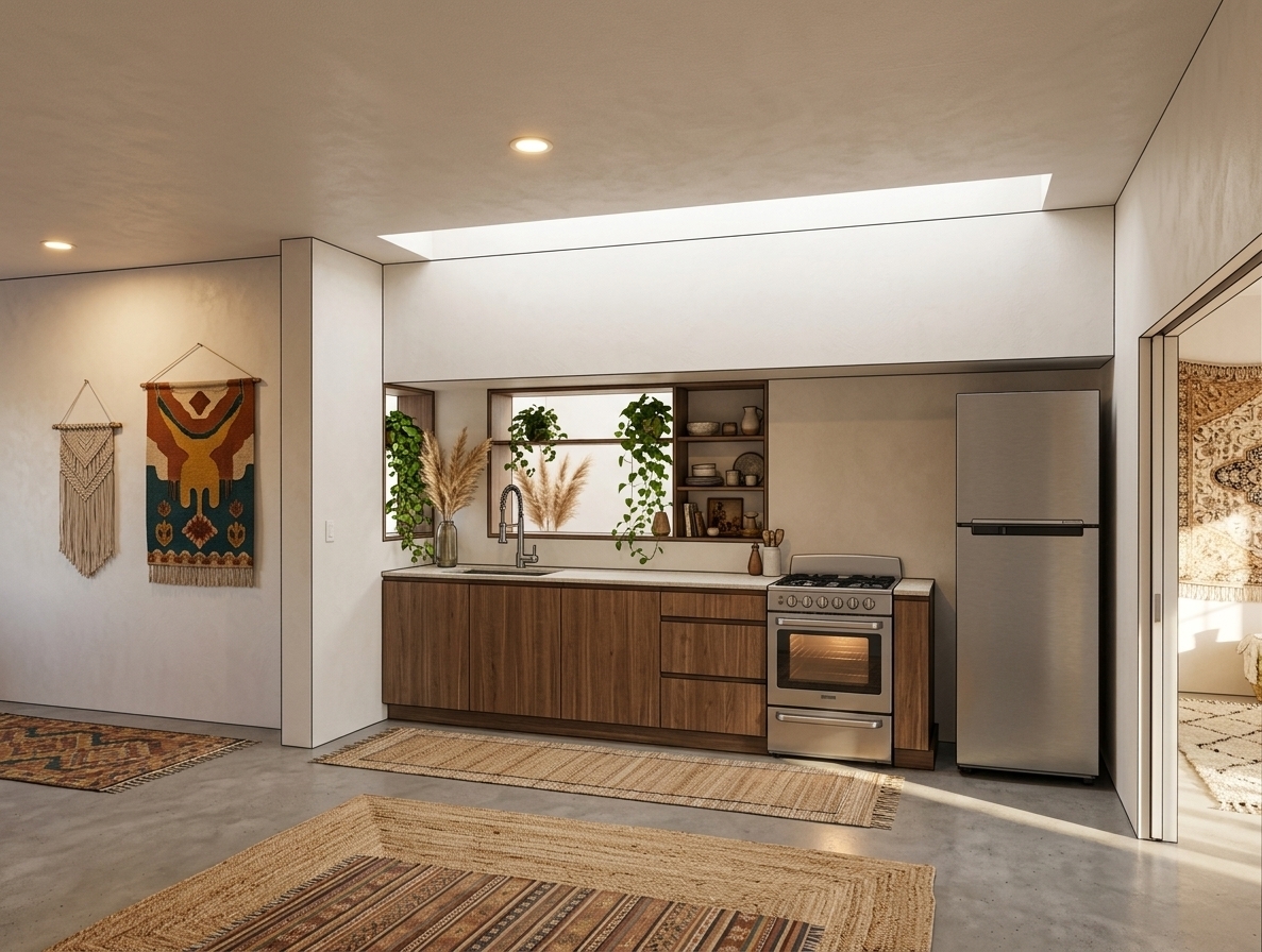 An incredibly lifelike, richly detailed, photorealistic wide-angle interior photo of a bohemian oasis kitchen set in a cozy, sunlit apartment. The scene is illuminated by soft, warm daylight filtering through the space along with a subtle, ambient glow from the oven interior, creating a tranquil, free-spirited atmosphere. Captured with a 35mm lens, emphasizing the rich handcrafted textures, natural wood and stainless finishes, and lush greenery. The functional kitchen layout—featuring sleek earth-toned lower cabinetry, a high-arc gooseneck faucet, a modern stainless steel range stove, and a tall brushed metal refrigerator—is effortlessly elevated into an eclectic retreat. Handcrafted macrame hangings and a vibrant tapestry wall art piece infused with shades of warm rust, mustard, and deep teal bring life to the crisp walls. Textured, layered rugs anchor the floor, while potted trailing ivy and dried pampas grass rest along the recessed window opening. Vintage-collected decor, artisanal ceramics, and a curated photography book rest atop the counter, seamlessly harmonizing modern appliances with a warm, globally-inspired aesthetic.