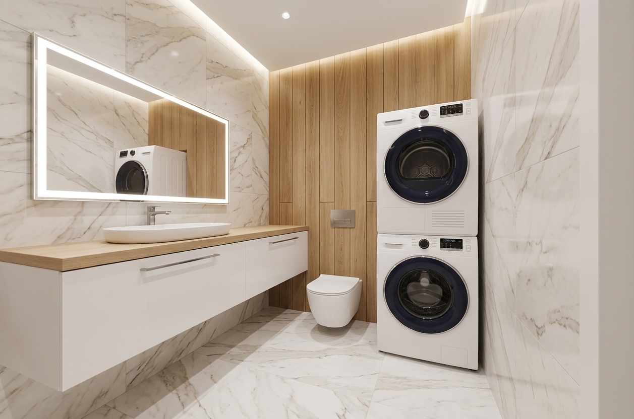 An incredibly lifelike, richly detailed, photorealistic eye-level interior photo of a sophisticated bathroom and laundry space set in an elegant contemporary home. The scene is illuminated by subtle LED cove lighting and the soft halo of a backlit vanity mirror, creating an airy, light-filled, and peaceful atmosphere. Captured with a 24mm architectural wide-angle lens, emphasizing polished stone surfaces, natural oak wood grains, and clean-lined contemporary elegance.

The room exhibits a refined color palette dominated by shades of warm white, pearl, champagne, and soft gray. On the left wall, prominent large-format Calacatta marble tiles display delicate grey and champagne veining across their highly polished surfaces. Mounted against this marble backdrop is a wide, floating white vanity unit fitted with slim metal pull handles and topped with a pale oak countertop. Resting on the counter is a sleek, low-profile oval vessel sink, situated beneath a large rectangular mirror framed in an integrated LED light diffuser.

The rear wall is clad in floor-to-ceiling vertical warm oak paneling that seamlessly continues onto the floor in long, polished wood planks. A minimalist white porcelain floating toilet is wall-mounted against the wood paneling next to a discreet brushed metal flush plate. To the right, a state-of-the-art stacked washer and dryer set features glossy white casing, precise digital interfaces, and dark tinted glass doors, fitting flush against the adjacent marble-tiled wall. The composition balances crisp geometry, functional luxury, and understated modern elegance in a perfectly ordered interior setting.