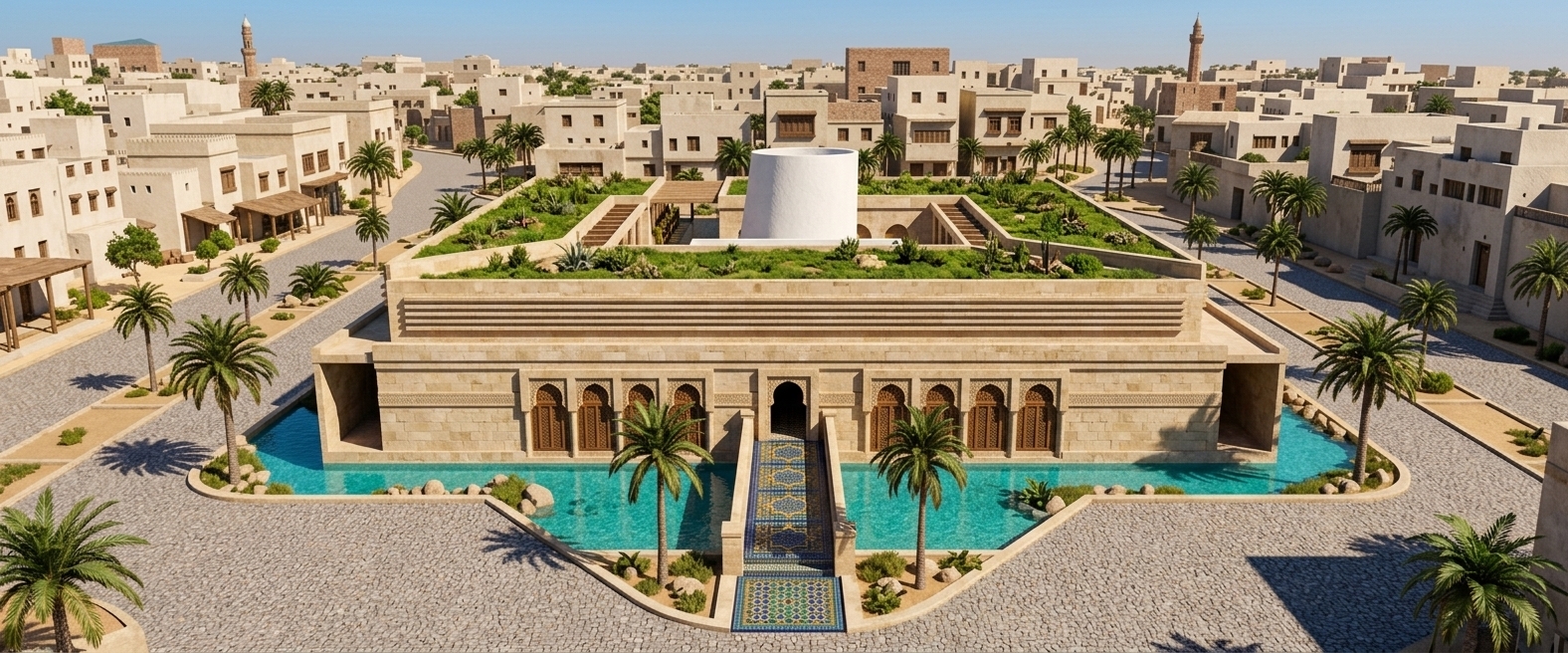 An incredibly lifelike, richly detailed, photorealistic high-angle wide shot of a lavish house exterior showcasing Moroccan mystique, set in a traditional Middle Eastern urban desert city. The scene is illuminated by bright, warm sunlight that casts crisp shadows across stone-paved walkways, creating a serene, opulent, and exotic atmosphere. Captured with a high-resolution drone camera utilizing a wide-angle lens, emphasizing the rich, textured beige sandstone walls, the vibrant green rooftop garden, pristine turquoise moat waters, and intricate geometric tilework in shades of deep blues and golds that frame ornate horseshoe arches and carved wooden screens.