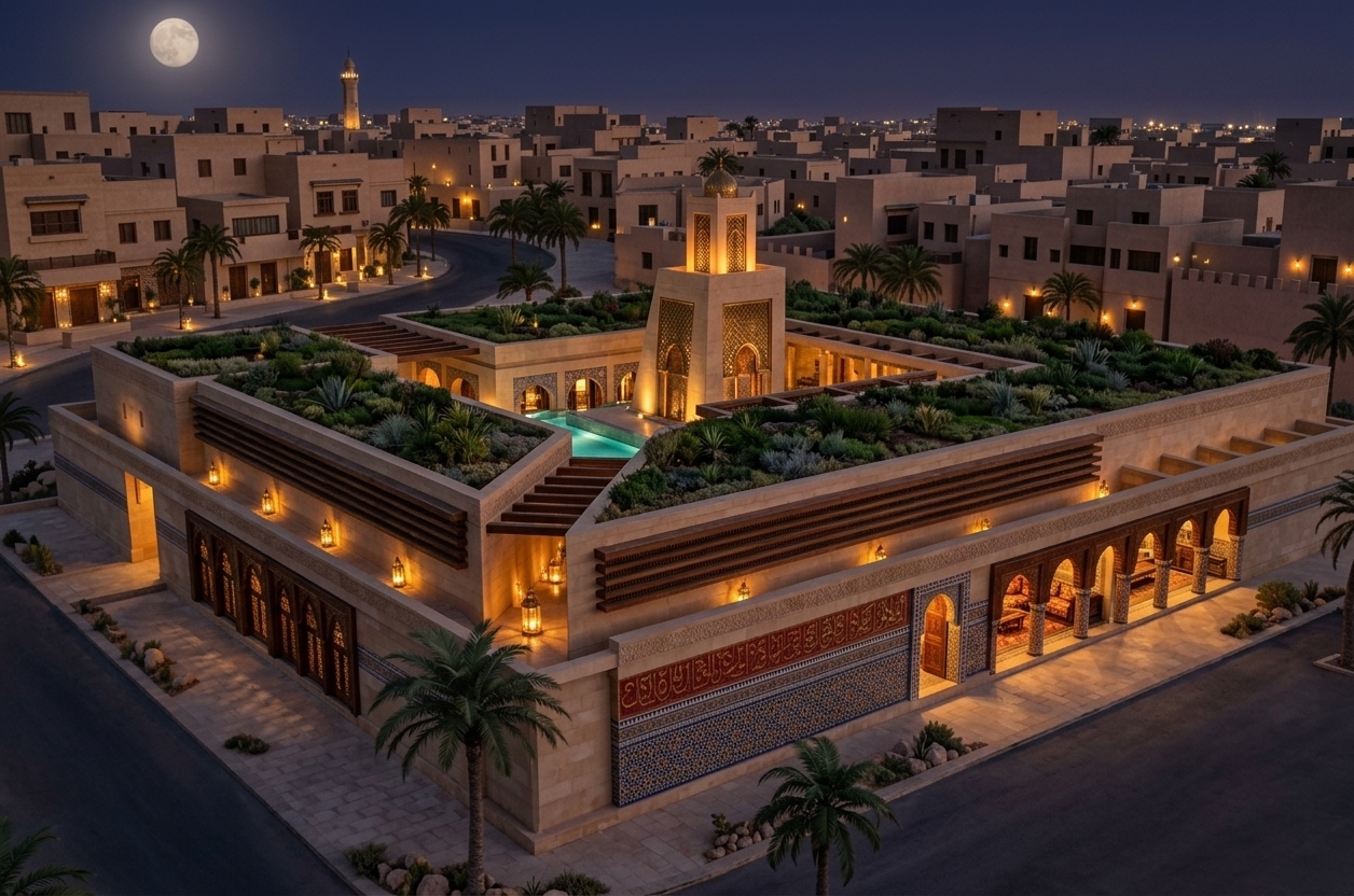 An incredibly lifelike, richly detailed, photorealistic high-angle urban photo of a grand modern-Moroccan sanctuary set in a sprawling desert city under a warm summer night sky. The scene is illuminated by soft moonlight and glowing warm lanterns casting intricate patterns, creating a mystical, serene, and exotic atmosphere. Captured with a Hasselblad camera using a 28mm wide-angle lens, emphasizing the rich textures of carved wooden louvers, ornate brass accents, and vibrant geometric zellige wall art in shades of deep blues, fiery reds, and shimmering golds. The architectural marvel features a lush green rooftop garden contrasting against traditional sand-toned stone, while surrounding turquoise reflection pools lap softly against paved courtyards lined with slender palm trees. Hints of sensual Middle Eastern decor, lush indoor plants, and custom-carved furniture peek through arched openings, perfectly capturing the spirit of Moroccan mystique for a high-end photography book.