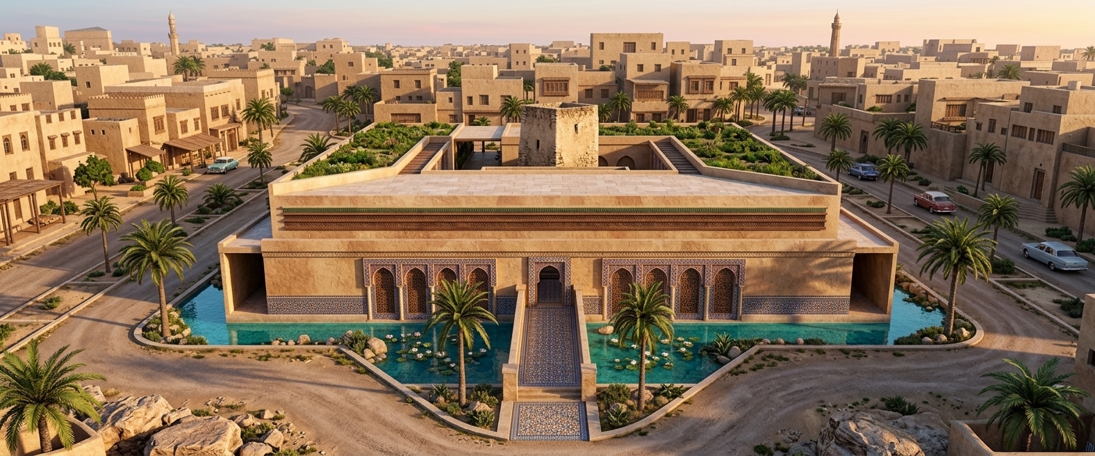 An incredibly lifelike, richly detailed, photorealistic aerial wide-angle urban photo of a magnificent house exterior set in a sprawling Middle Eastern cityscape. The scene is illuminated by the soft golden glow of a warm summer sunrise, creating a serene, exotic, and sensual atmosphere. Captured with a high-resolution drone camera using a 24mm lens, emphasizing the intricate zellige tilework, lush green rooftop garden, and crystalline turquoise water moat.

Blending ancient architectural heritage with modern design, this grand structure radiates Moroccan mystique through its vibrant, patterned surfaces decorated with elaborate geometric wall art in shades of deep blues, rich reds, and shimmering golds. The low-profile building wraps around a central stone tower and is surrounded by a tranquil moat lined with palm trees and water lilies. The exterior façade features ornate carved wooden lattices, detailed metal accents, and textured stone walls that catch the soft morning light. Contrasting vividly against the surrounding earth-toned desert town, this exquisite, richly detailed residence embodies an opulent yet serene sanctuary, looking straight out of a high-end architectural photography book.