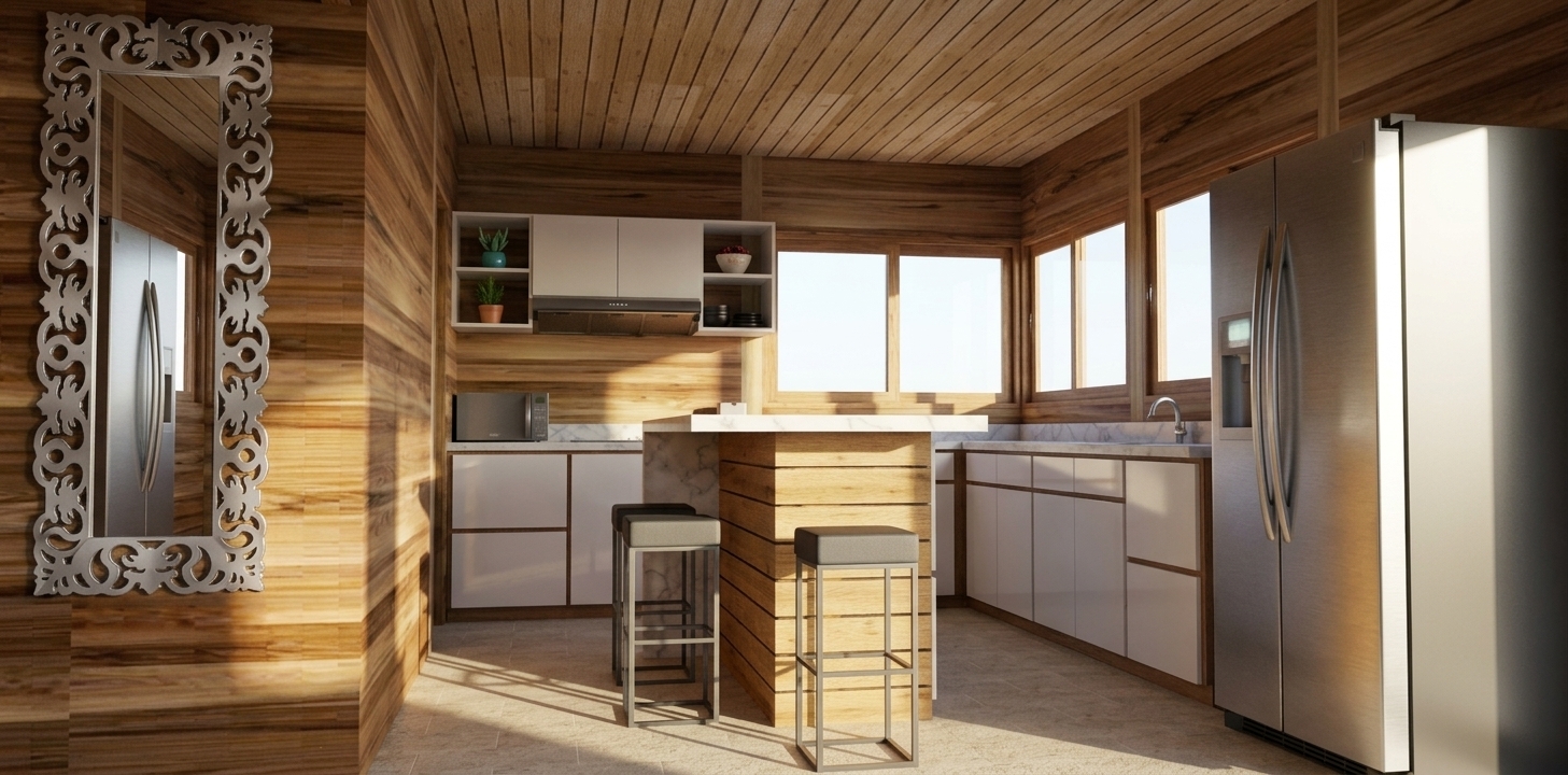 A bright wide-angle interior photograph of a warm wooden cabin kitchen taken with a 24mm architectural lens at f/8 during a clear summer midday. High-angle, intense natural daylight pours through the large sliding glass windows, casting crisp, well-defined sunlight patches onto the polished white marble island countertop and the light beige travertine tiled floor. The natural horizontal timber wall paneling and slatted wood ceiling exhibit rich, authentic wood grain textures, subtle knots, and a soft satin finish that bounces warm ambient light throughout the space. On the right, the large brushed stainless steel refrigerator displays realistic metallic specular highlights, subtle grain direction, and faint handling marks, while the sleek flat-panel white cabinetry shows crisp, narrow panel seams. To the left, the intricate laser-cut metallic frame of the vertical mirror shines with authentic silver reflections and crisp polished mirror clarity. The central island barstools show detailed matte dark charcoal cushions resting on slender metal frames that cast realistic soft contact shadows onto the floor. Delicate atmospheric dust motes float through the strong sunbeams, and faint natural lens vignetting along the frame edges grounds the photorealistic quality of this sun-drenched architectural photograph.