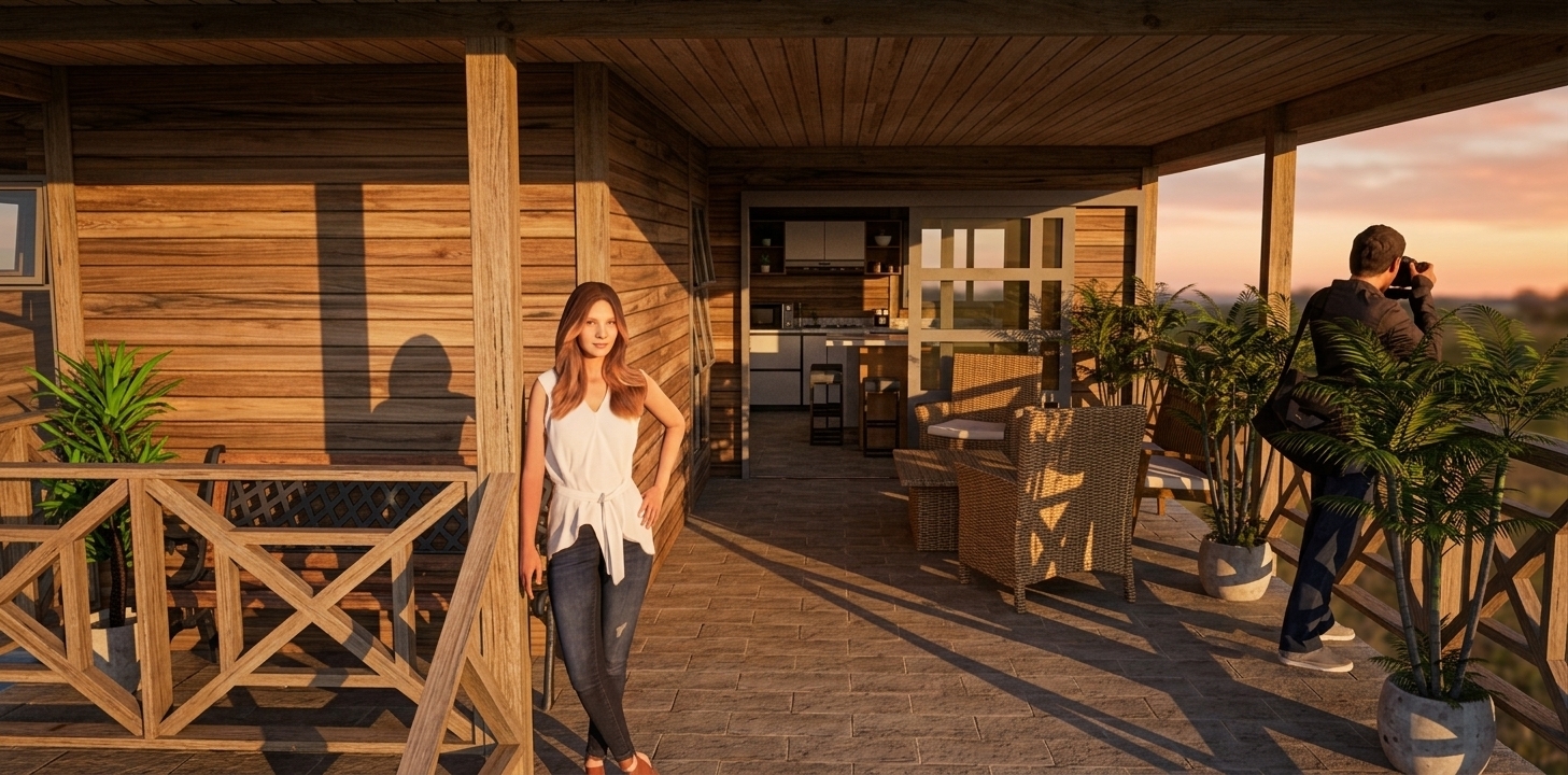 A high-resolution photograph captured during a warm summer sunset, maintaining the exact layout, camera perspective, geometry, and placement of figures and objects from the reference image. Golden late-afternoon sunlight streams in low from the left, casting long, soft-edged diagonal shadows across the horizontal timber siding, the detailed wooden railing, and the matte light-gray patio floor tiles. The woman in the foreground displays natural skin tones, finely detailed hair strands, and realistic fabric folds in her casual white top and denim jeans. On the right, the man with a camera is realistically illuminated with soft directional light catching the texture of his jacket and dark jeans. The woven wicker armchairs and potted tropical foliage exhibit authentic material physics, including subtle waxy leaf highlights, realistic weave micro-textures, and fine organic dust. Through the open sliding glass door, the background kitchen area glows softly under a blend of ambient warm interior light and exterior dusk spill. Captured with a 24mm architectural lens at f/8, the scene features crisp focus throughout, natural rich golden-hour color science, gentle vignetting at the frame edges, and fine film grain for a grounded, photographic look.