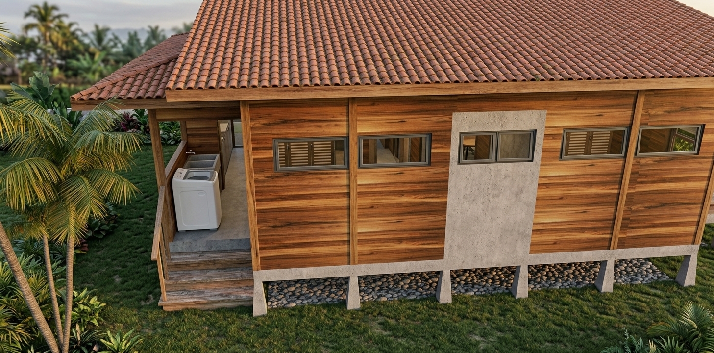 A photorealistic photograph taken on a warm summer evening during golden hour, capturing the exact structure and elevated perspective of the wooden tropical house. Low-angled sunlight from a setting sun bathes the dark timber siding in a rich, amber glow, accentuating the natural wood grain, fine knots, and subtle satin sheen of the weathered planks. The terracotta roof tiles exhibit realistic matte clay textures with gentle color variations and fine dust in the crevices catching the warm light. Soft, elongated shadows stretch across the lush green lawn, where individual grass blades and the palm fronds on the left catch brilliant rim lighting. Reflections of the glowing evening sky gleam softly off the glass of the narrow horizontal windows. The grey concrete accent wall, foundation piers, and pebble bed beneath the structure display tactile, porous textures with faint natural weathering. Inside the covered alcove, soft ambient shadows envelope the white washing machine and wooden steps. Shot on a professional camera with a 35mm focal length, the scene features rich dynamic range, subtle lens flare, realistic micro-textures on every surface, faint chromatic aberration at high-contrast edges, and a gentle natural vignette, evoking a calm, atmospheric summer evening.