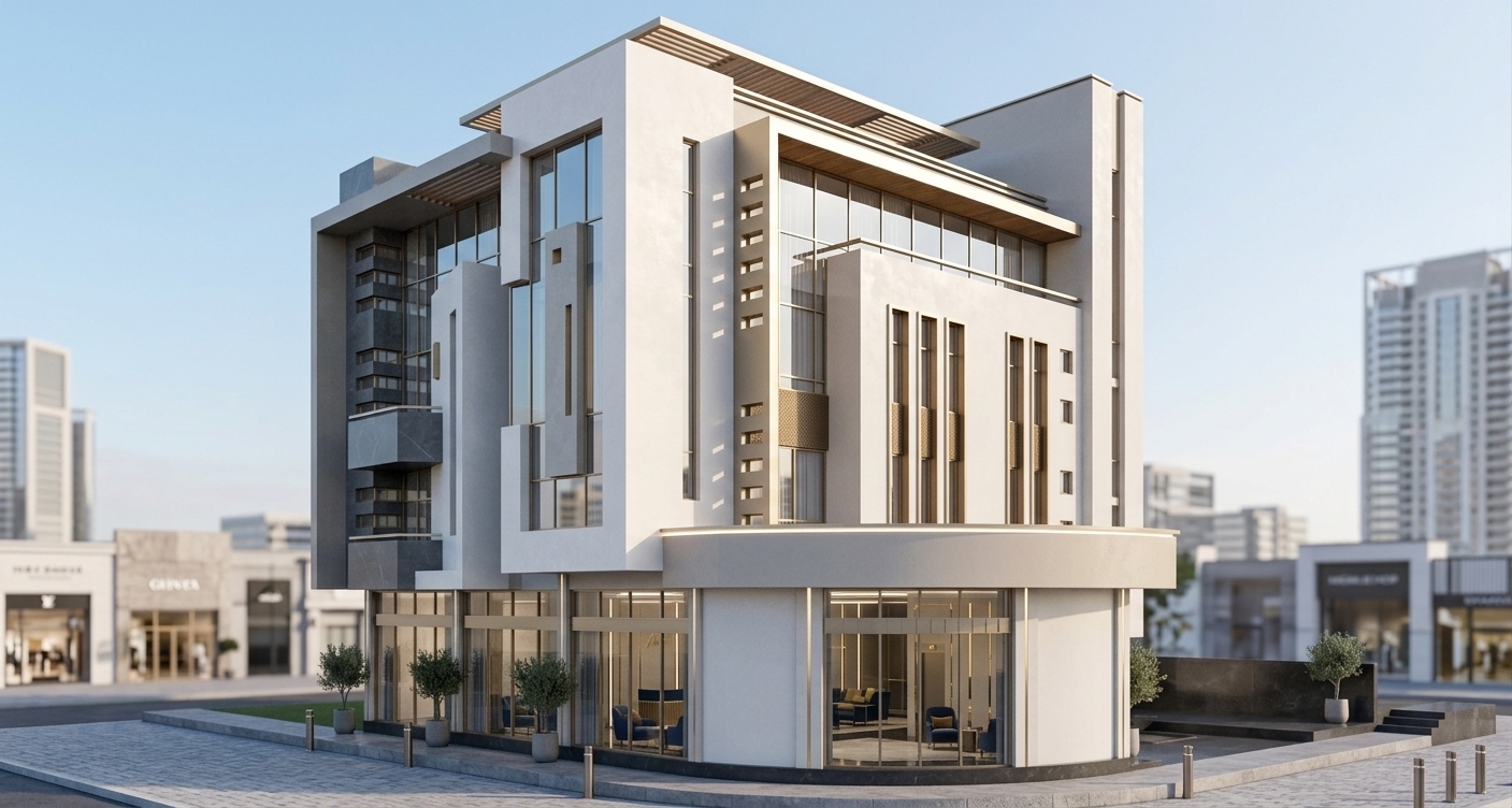 An incredibly lifelike, richly detailed, photorealistic low-angle architectural photo of a modern boutique hotel building set in a refined urban context. The scene is illuminated by soft, bright morning sunlight, creating an airy and sophisticated atmosphere. Captured with a 24mm tilt-shift lens, emphasizing smooth polished stone surfaces, reflective glass curtain walls, and elegant champagne-toned accents. The striking multi-story design presents a balanced composition of clean-lined, overlapping geometric volumes rendered in an understated palette of warm white, pearl, soft gray, and warm champagne stucco. At street level, the light-filled ground-floor curved entryway reveals a glimpse into a grand hotel lobby, where polished stone floors, slim metal accents, and tailored upholstered furniture are visible through floor-to-ceiling glass. Recessed vertical window slots, sleek cantilevered balconies, and dark metallic mullions create dynamic depth and crisp shadows across the facade, while a rooftop pergola adds a final touch of contemporary elegance to this refined architectural landmark suitable for a high-end photography book.