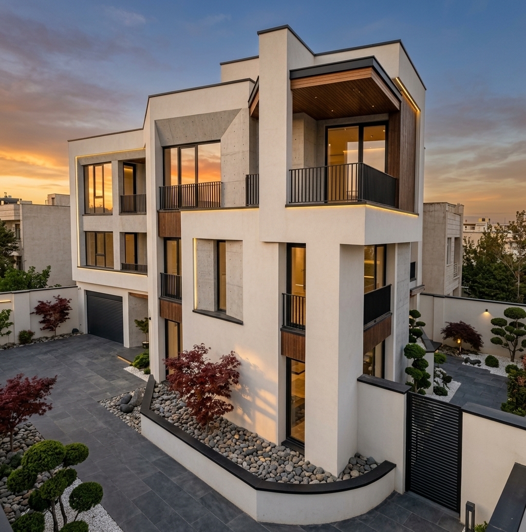 An incredibly lifelike, richly detailed, photorealistic high-angle architectural view of a contemporary multi-story residential building set in a tranquil, high-end urban sanctuary with Japanese Zen design influences. The scene is illuminated by the soft, warm golden light of a late summer sunset, creating a serene, luxurious, and deeply inviting atmosphere. Captured with a professional architectural tilt-shift lens on a full-frame camera, emphasizing the rich tactile contrast between smooth off-white render, tactile light gray concrete panels, rich natural wood cladding, and sleek matte black metal accents.

The building’s striking geometry is brought to life with a refined, harmonized color palette. The main facade is finished in a smooth, pristine off-white stucco complemented by soft warm-gray architectural concrete cladding along the recessed sections. Warm, natural teak wood slatted paneling adorns the underside of balcony soffits and select accent walls, infusing the modern structural grid with organic warmth. Floor-to-ceiling double-glazed windows and sliding balcony doors feature ultra-thin matte black aluminum frames, their clean glass surfaces catching the brilliant fiery orange and dusty violet reflections of the setting sun. Each balcony is finished with minimalist, dark matte black steel railings with subtle integrated wooden top handrails.

Encircling the property, a modern perimeter boundary wall is crafted from smooth light-gray concrete, accented by subtle, warm LED strip lighting embedded along its interior base. At the front entrance facing the street, a broad, stylish garage door in dark matte charcoal metal sits alongside a matching pedestrian gate featuring elegant, vertical black iron slats for a contemporary, secure aesthetic. 

The surrounding landscape is designed with meticulous Japanese Zen principles. Lush, manicured emerald lawn patches are paired with neatly organized beds of dark river stones, polished white gravel, and sculptural Japanese maple trees whose delicate foliage glows crimson in the low light. Carefully shaped cloud-pruned boxwood shrubs, ornamental grasses, and slender bamboo stalks align the perimeter, softening the solid lines of the structure. The ground-level courtyard and subterranean parking driveway are paved with large-format slate-gray basalt tiles, glistening under the long, soft shadows cast by the building's stepped facade. Inside the residence, gentle 2700K warm interior lighting shines through the windows, suggesting luxurious, lived-in apartments bathed in twilight tranquility.