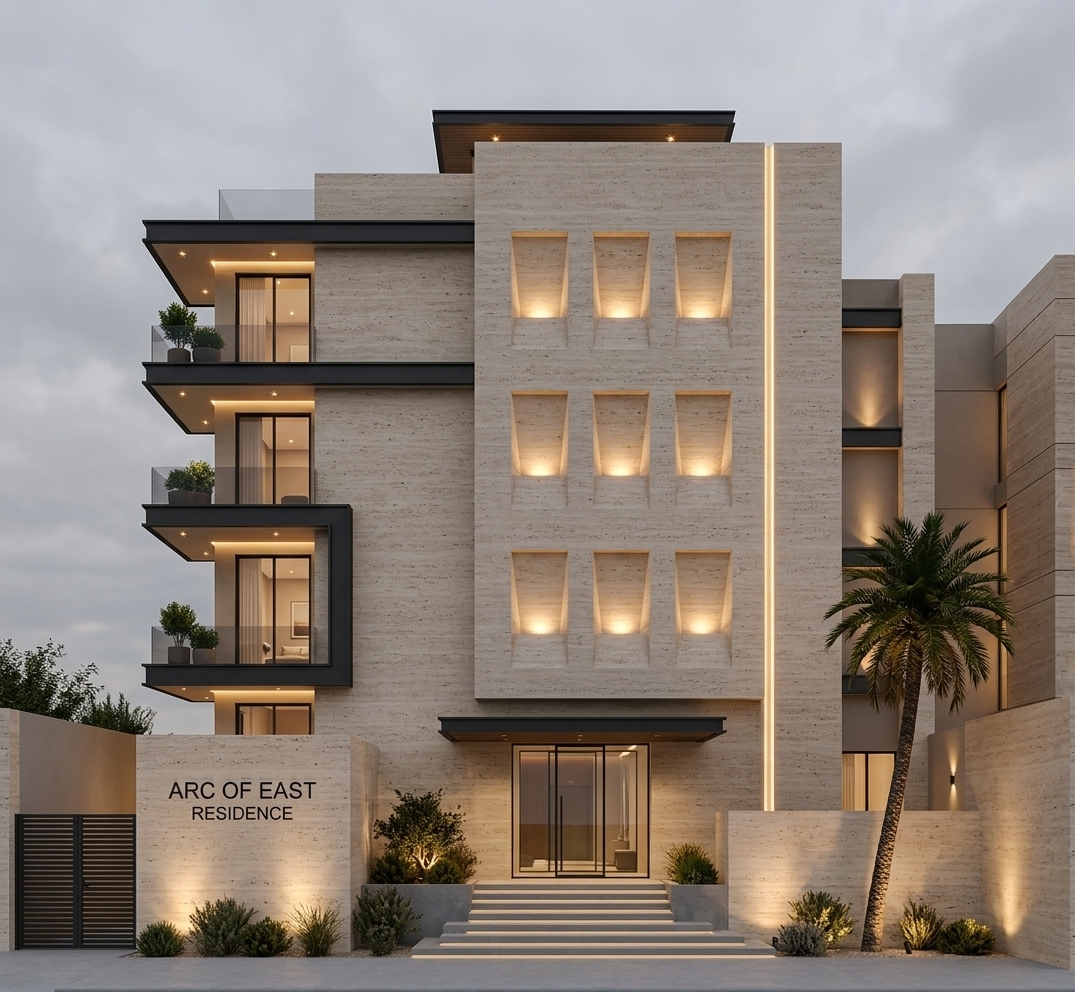 An incredibly lifelike, richly detailed, photorealistic straight-on architectural exterior shot of a luxury modern residential building set in an exclusive arid desert retreat environment. The scene is illuminated by soft dusk twilight balanced seamlessly with warm, strategically integrated architectural LED accent lighting, creating a tranquil, sophisticated, and inviting atmosphere. Captured with a professional 35mm architectural tilt-shift lens, emphasizing the fine porous grain of light beige travertine stone cladding, matte black metallic frame accents, and subtle textural contrast between soft light and crisp geometry.

The multi-story facade presents a masterful blend of minimal modernism and warm southwestern earthy elegance. Dominating the main structural block is a monumental travertine-clad wall adorned with a vertical three-column grid of deeply recessed, gently tapered square niches, each emitting a cozy warm glow from hidden LED fixtures. To the right, a vertical strip light slices cleanly down the facade, accentuating the tall, vertical proportion of the structure.

On the left side, stacked cantilevering balconies framed in dark charcoal metal offer private outdoor nooks, each underlit with soft soffit lights and decorated with neat potted greenery. Large floor-to-ceiling glass doors reveal glimpses of warm, pared-down interior spaces filled with subtle neutral tones and minimalist decor. 

At the ground level, sleek concrete entry steps lead up to a sophisticated glass portal beneath a dark overhang canopy. To the left, clean-lined typography on the textured stone wall proudly reads "ARC OF EAST RESIDENCE" above a dark slatted modern gate. The surrounding ground space is meticulously landscaped with low-profile desert-inspired shrubs, warm upward accent spotlights, and a solitary, tall palm tree leaning gracefully against a matching low stone wall. The overcast evening sky behind provides a calm, neutral backdrop, allowing the building's glowing facade and rich textures to take center stage.