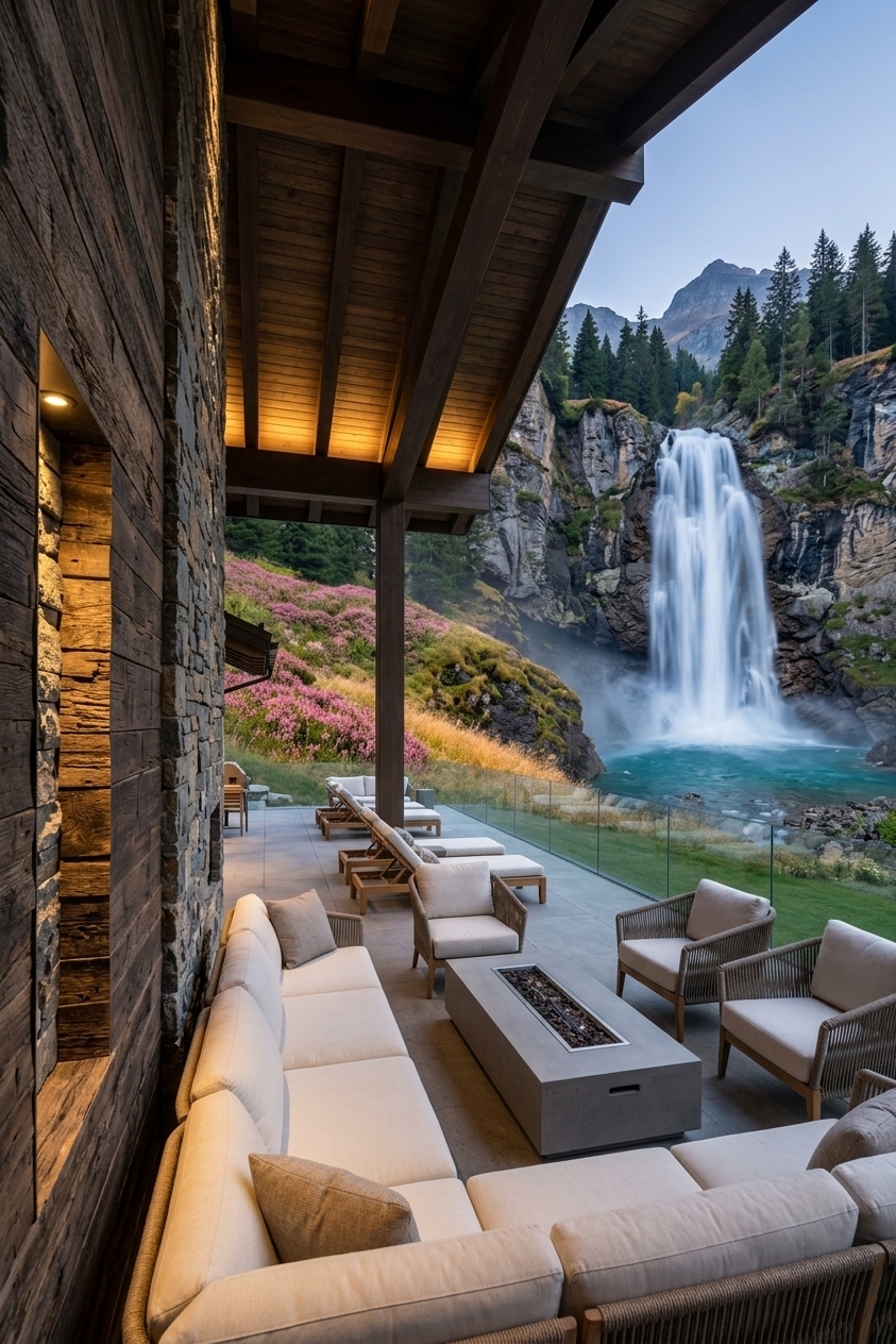 An incredibly lifelike, richly detailed, photorealistic wide-angle landscape photo of a luxury mountain escape retreat featuring an expansive outdoor patio and covered terrace, set in a dramatic alpine wilderness overlooking a majestic cascading waterfall. The scene is illuminated by the gentle, golden glow of early evening twilight juxtaposed against a cool, ambient sky, creating a tranquil, opulent, and immersive atmosphere. Captured with a professional full-frame camera and a 24mm wide-angle lens, emphasizing the rich, tactile textures of natural cedar decking, rugged stone masonry, sleek glass railings, and the silky motion of mist rising from the plunge pool below.

Extending seamlessly from a modern timber architecture structure, the covered terrace features a soaring roof supported by massive dark wood beams with recessed warm lighting that casts a soft, inviting ambiance over the patio. Beneath the sheltering roof, the outdoor patio is thoughtfully styled for relaxation and entertainment, anchored by a sleek concrete fire pit table flanked by weather-resistant, plush off-white sectional sofas, woven armchairs, and teak lounge seating oriented directly toward the panoramic waterfall view. 

Frameless glass guardrails along the edge of the elevated deck ensure an unobstructed connection to the surrounding nature. Beyond the patio, the majestic waterfall plunges down a sheer rocky cliffside into a crystal-clear turquoise basin. The surrounding hillsides are carpeted in lush pink heather, rich golden grasses, and dense evergreen pines, leading the eye upward to majestic mountain peaks silhouetted against a serene gradient sky.